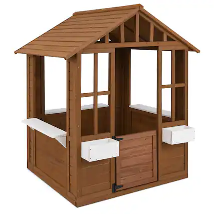 Front. Costway - Costway Outdoor Playhouse Wood Adventures Cottage with Serving Stations & Door - Beige.