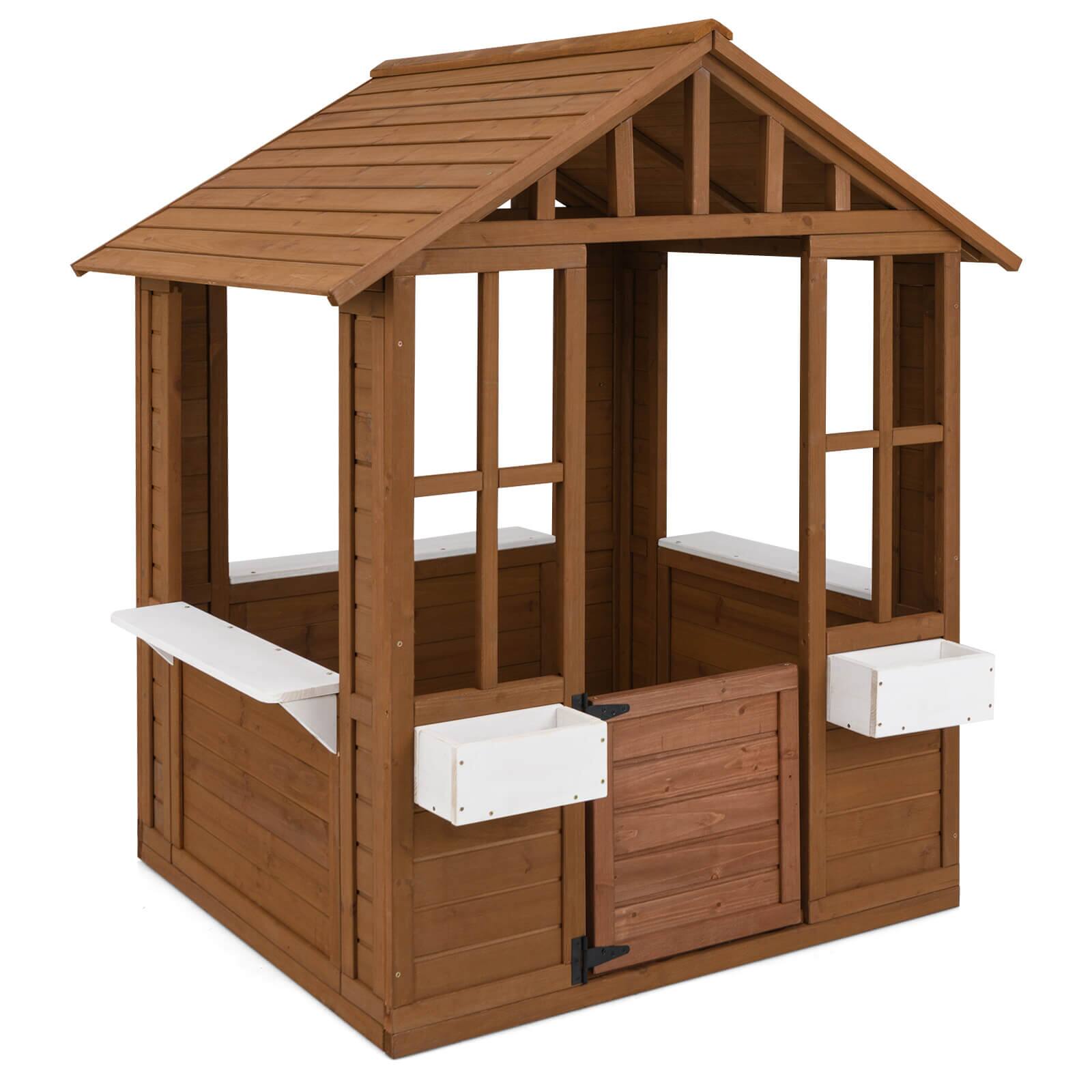 Front. Costway - Costway Outdoor Playhouse Wood Adventures Cottage with Serving Stations & Door - Beige.