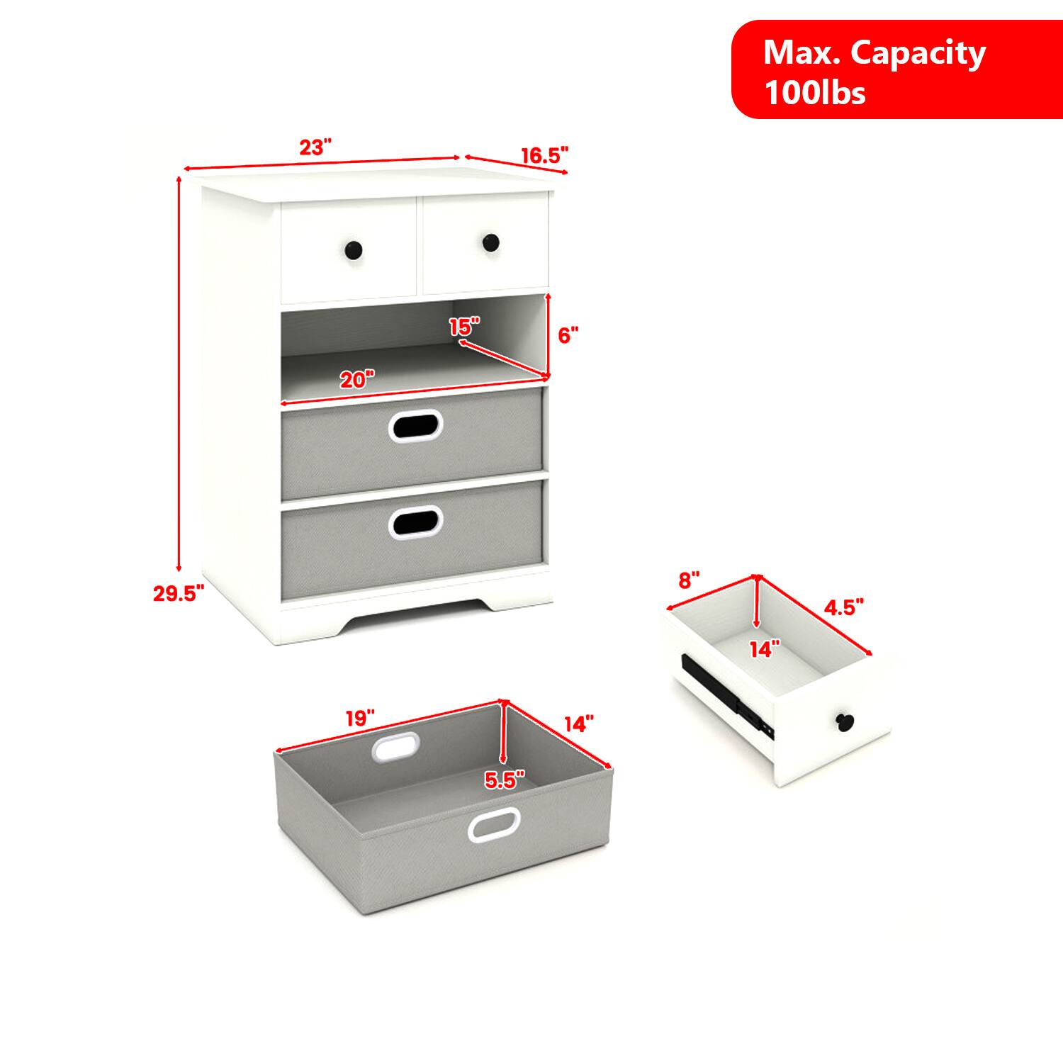 Max. Capacity 100lbs  
23" 16.5" 15" 6" 20" 29.5" 8" 4.5" 14" 19" 14" 5.5"