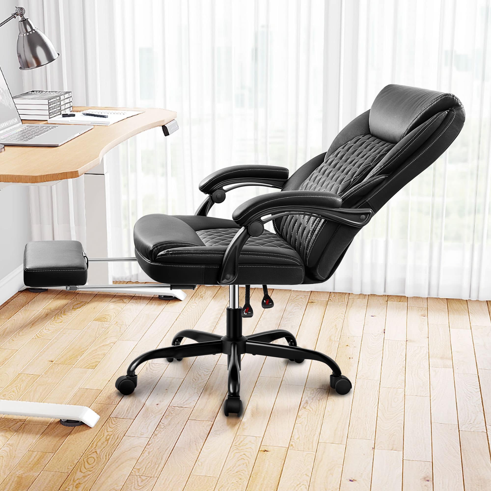 Front. Brick Attic - High-back Executive Office Chair with Footrest And Lumbar Support, Ergonomically Designed, High-back Leather Chair. - Black.
