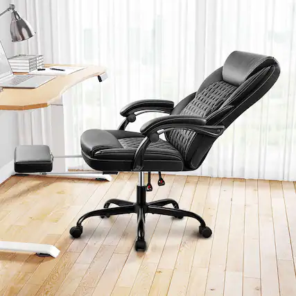 Front. Brick Attic - High-back Executive Office Chair with Footrest And Lumbar Support, Ergonomically Designed, High-back Leather Chair. - Black.