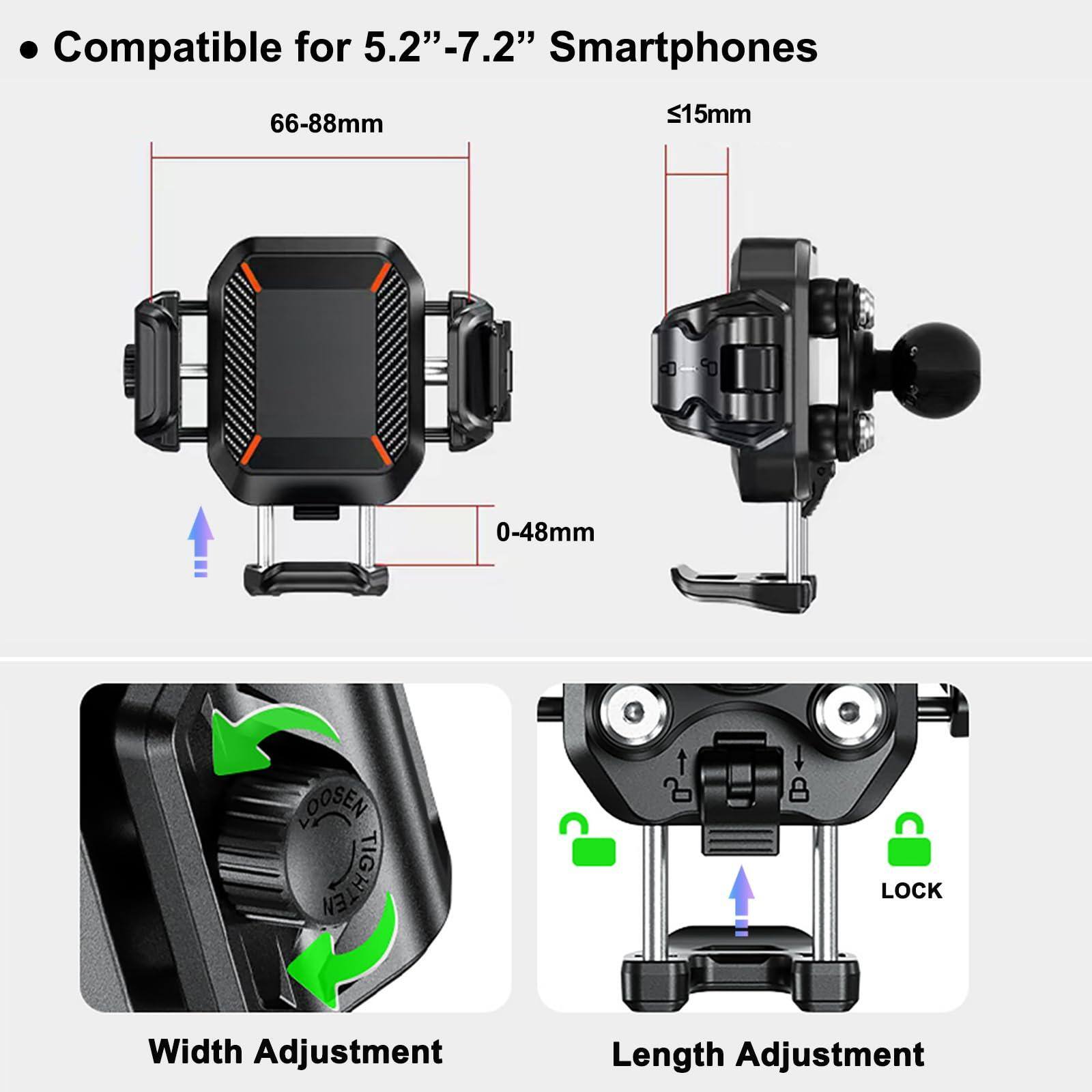 - Compatible for 5.2"-7.2" Smartphones
- 66-88mm
- ≤15mm
- 0-48mm
- Width Adjustment
- Length Adjustment