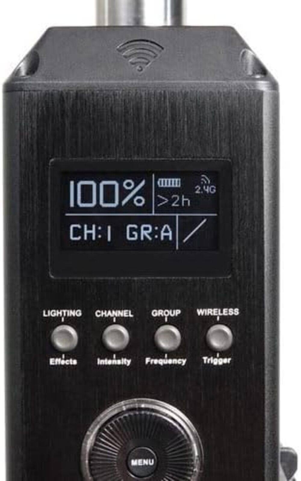 100%  
2.4G  
>2h  
CH:1  
GR:A  

LIGHTING  
CHANNEL  
GROUP  
WIRELESS  

Effects  
Intensity  
Frequency  
Trigger  

MENU