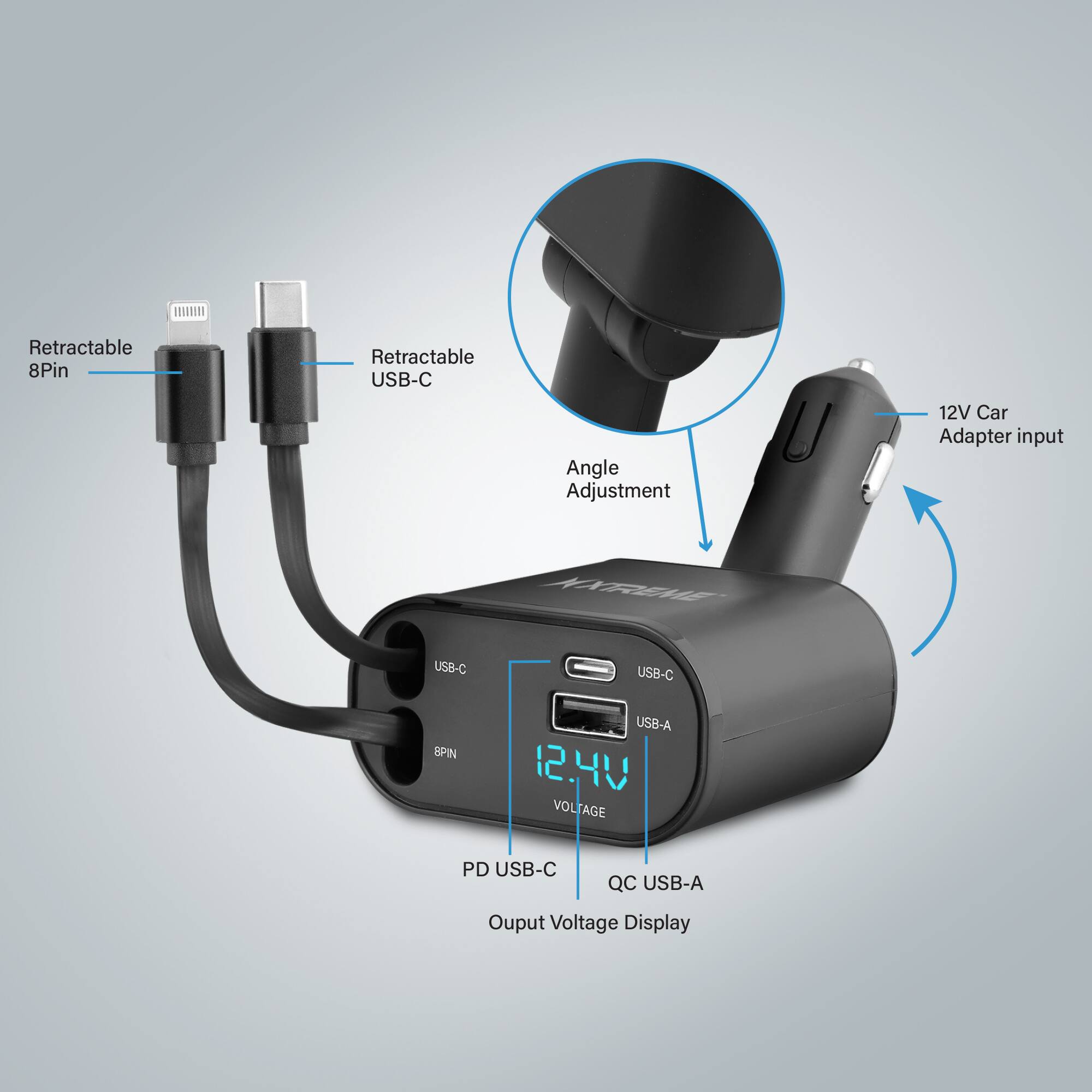 Retractable 8Pin Retractable USB-C Angle Adjustment 12V Car Adapter input R USB-C USB-C SPIN USB-A 12.40 12 VOLTAGE PD USB-C QC USB-A Output Voltage Display