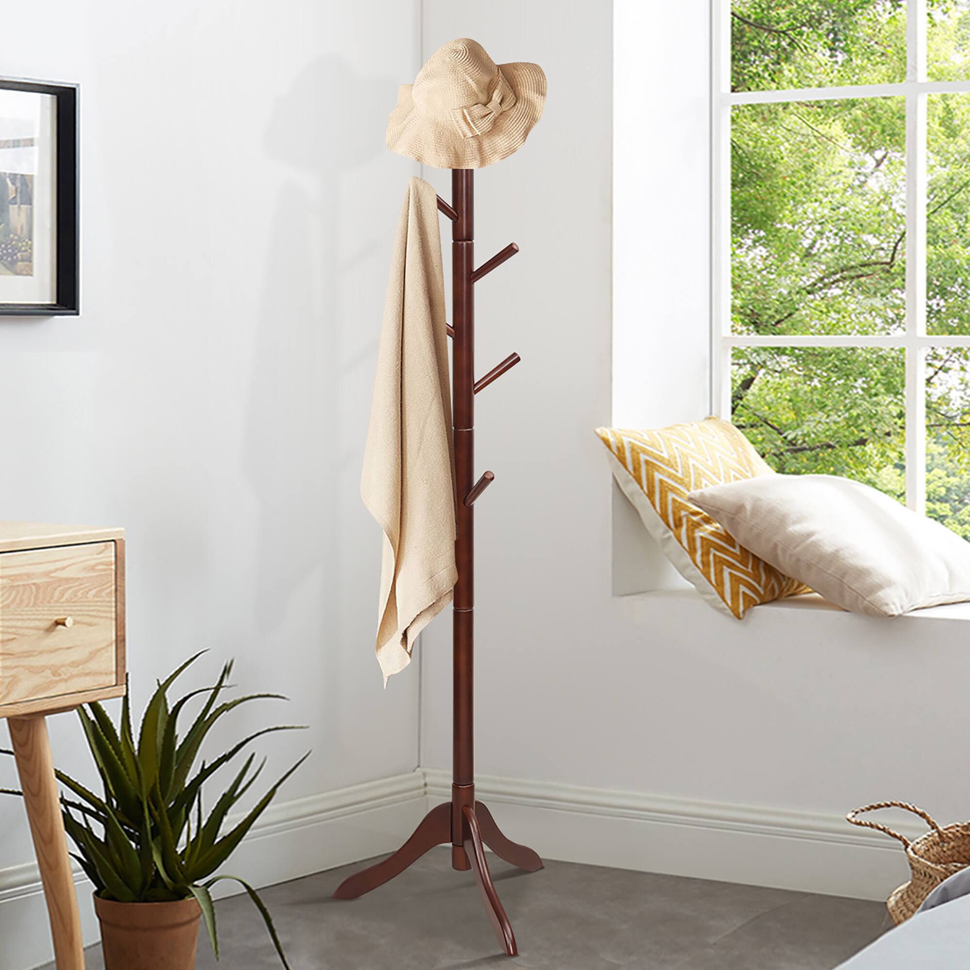 Alt View 3. Costway - Costway Wooden Coat Rack Stand Entryway Hall Tree 2 Adjustable Height w/ 8 Hooks - Brown.