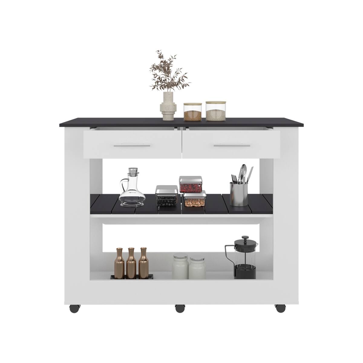 Alt View 4. Loheer - Loheer Mobile Kitchen Island with Wheels 2 Drawers White Black - White/Black.