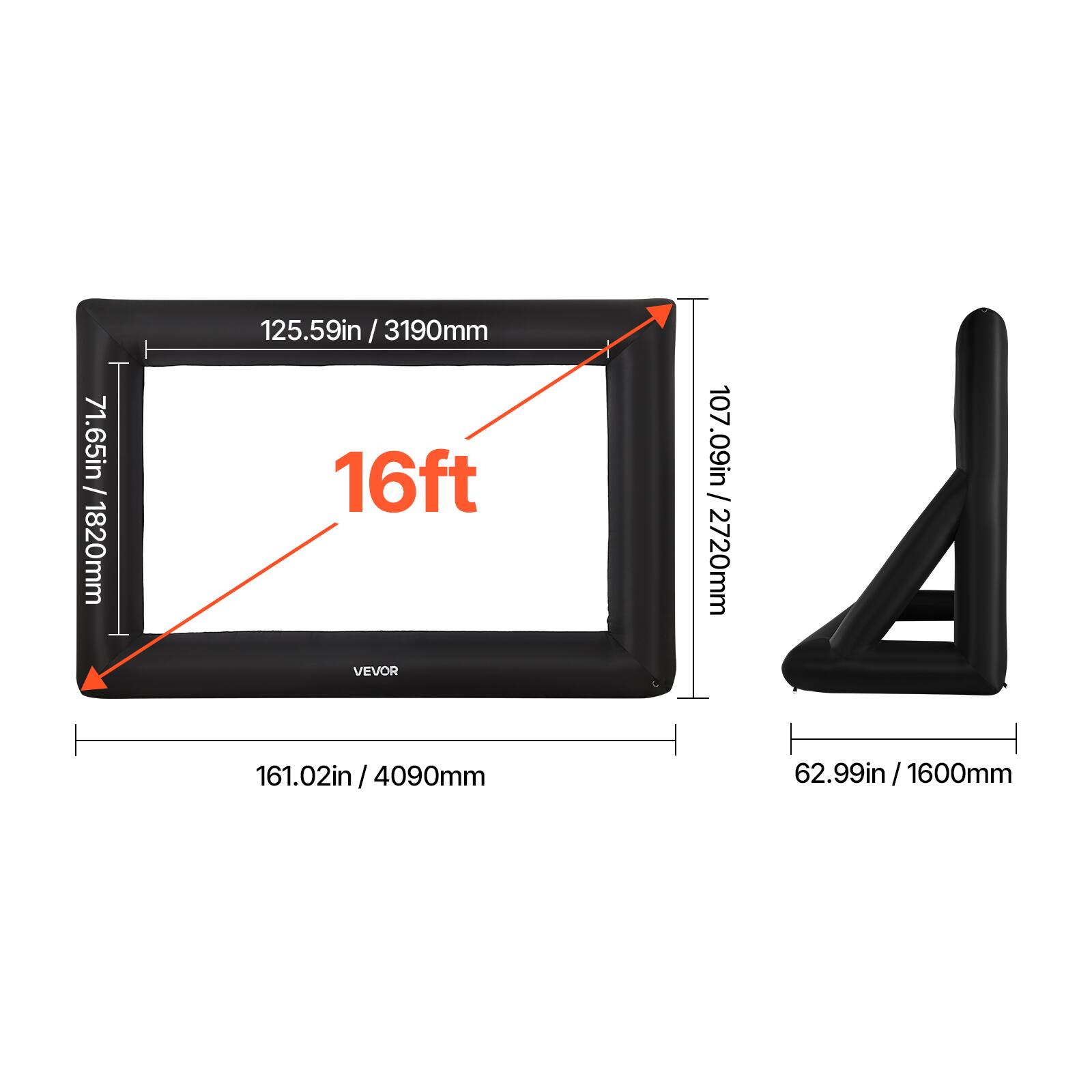 71.65in / 1820mm, 125.59in / 3190mm, 16ft, 161.02in / 4090mm, 107.09in / 2720mm, 62.99in/1600mm