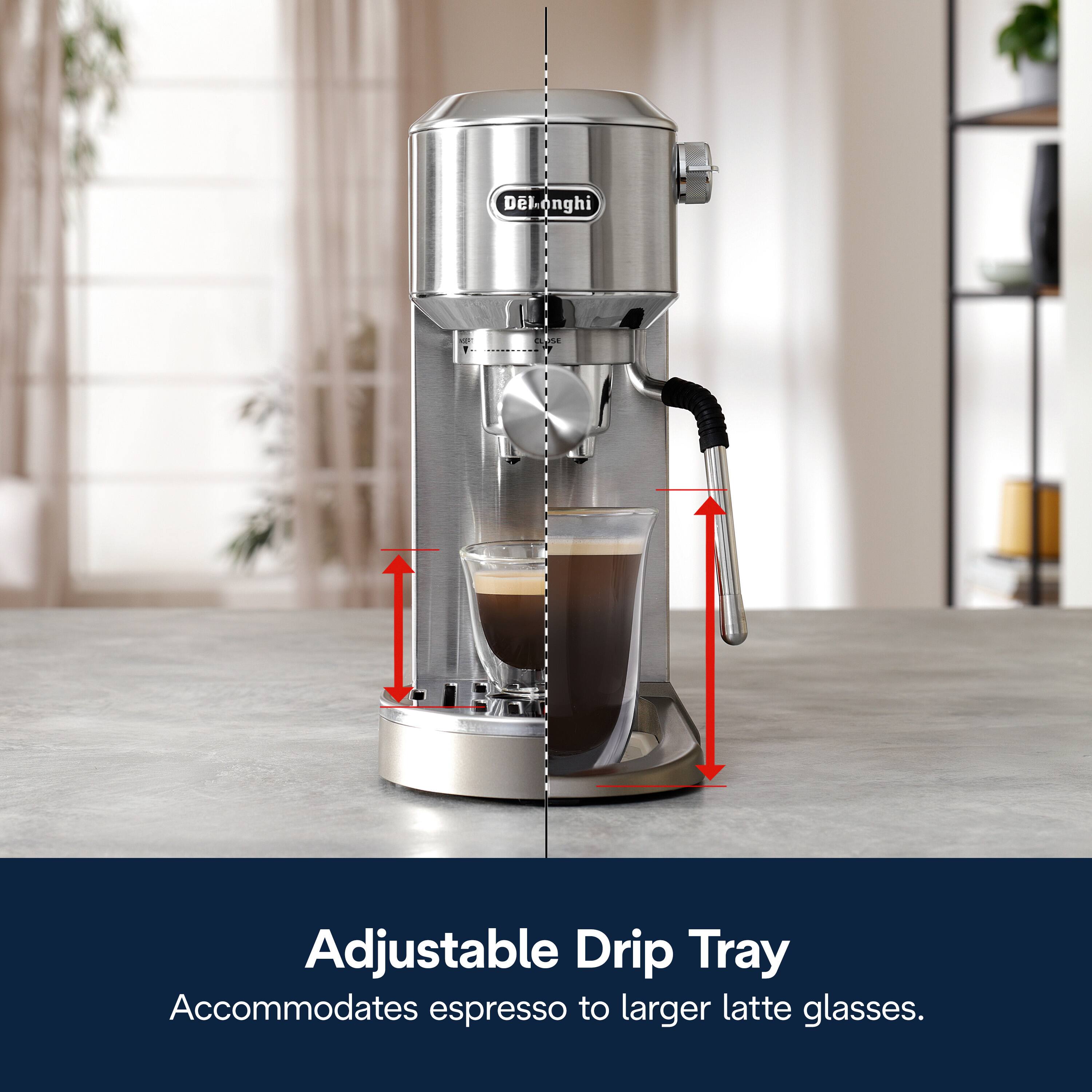 De'Longhi Adjustable Drip Tray accommodates espresso to larger latte glasses.