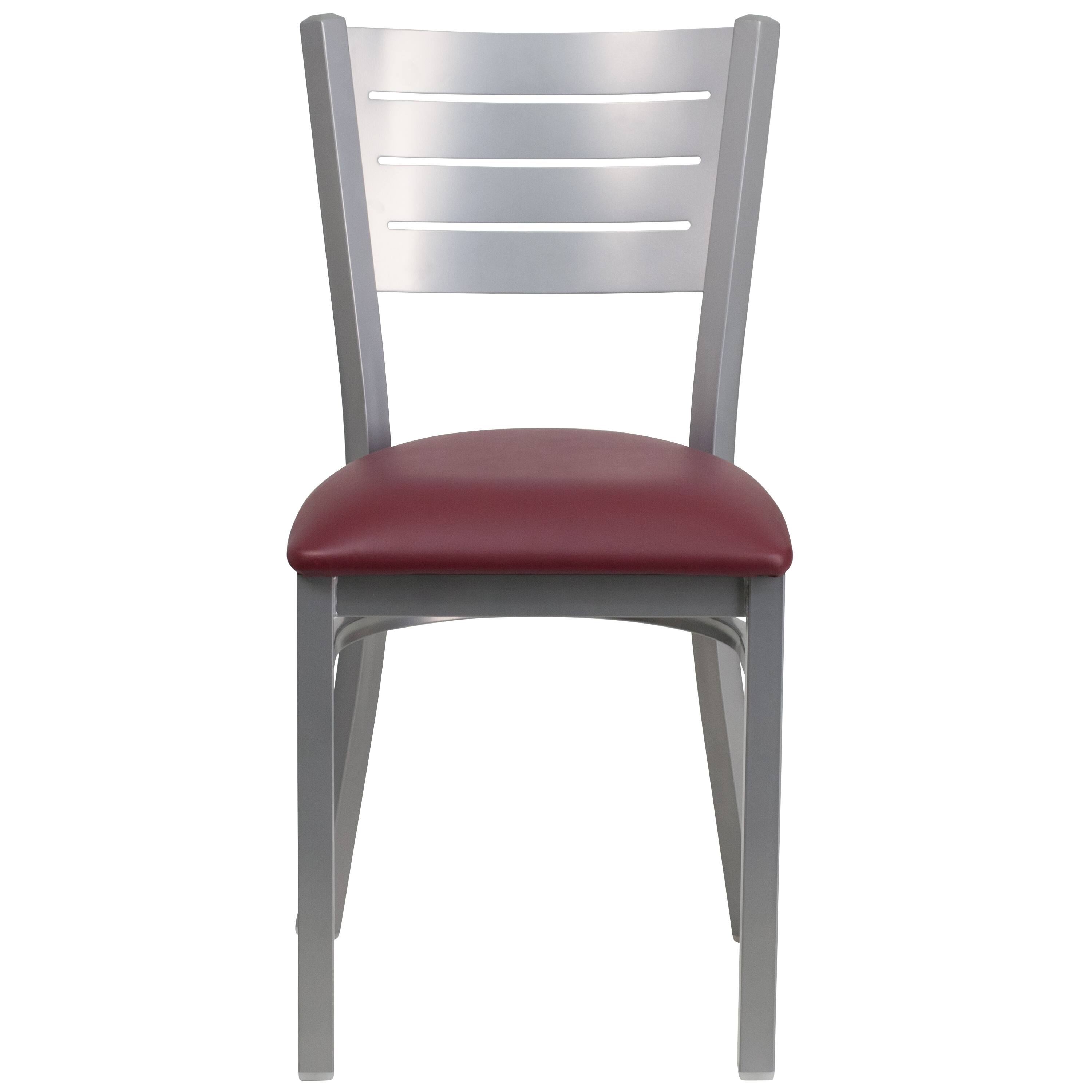 Alt View 5. Emma + Oliver - Silver Slat Back Metal Restaurant Dining Chair - Burgundy Vinyl Seat/Silver Frame.