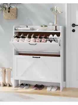 GARVEE - Shoe Storage Organizer With 2 Flip Drawers Rustic Brown Farmhouse Shoe Cabinet For Entryway Foyer Or Hallway - White