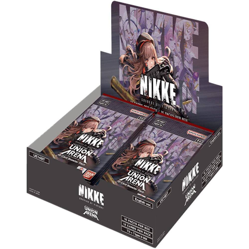 Sure, here is the corrected and grouped text from the image:

---

**NIKKE**  
**UNION ARENA**  
**16 PACKS PER BOX**  
**14 CARDS PER PACK**  
**11-12 CARDS PER PACK**  
**English ver.**  
**UE14BT**  
**BANDAI**  
**16 PACKS PER BOX**  
**14 CARDS PER PACK**  
**11-12 CARDS PER PACK**  
**English ver.**  
**UE14BT**  
**BANDAI**  
**16 PACKS PER BOX**  
**14 CARDS PER PACK**  
**11-12 CARDS PER PACK**  
**English ver.**  
**UE14BT**  
**BANDAI**  

---

This text is from the packaging of the "NIKKE UNION ARENA" card game.