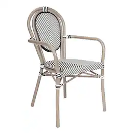Emma + Oliver - Massalia Indoor/Outdoor Stacking Thonet Bistro Style Chair with Arms, Textilene Seat and Bamboo Finished Metal Frame - Black & White/Light Natural Frame