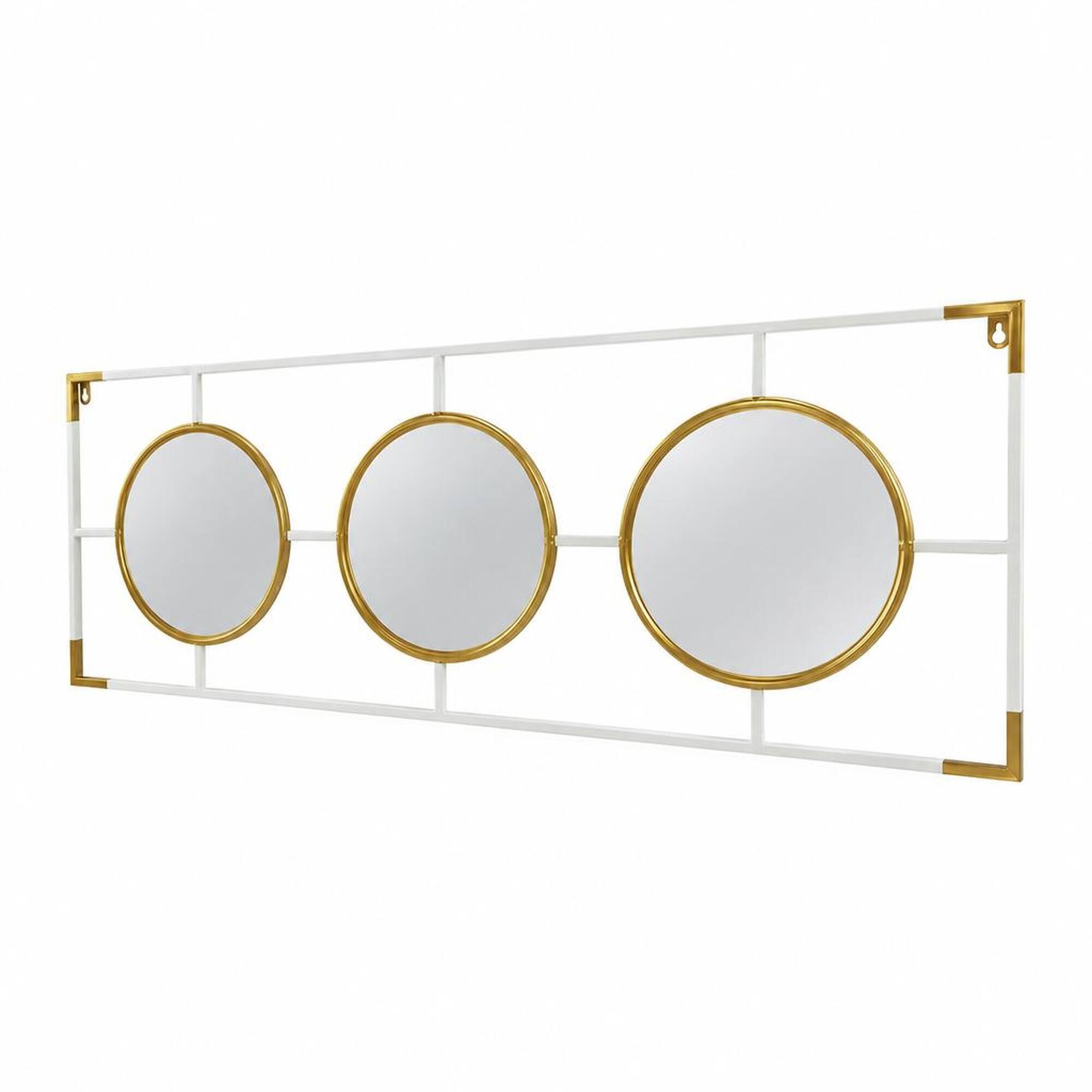 Front. RYHNUYNE - 3-Piece Convex Mirror Wall Decor, 43.3 x 15.7 in, Gold and White Metal Frame, Modern Accent - Gold+White.