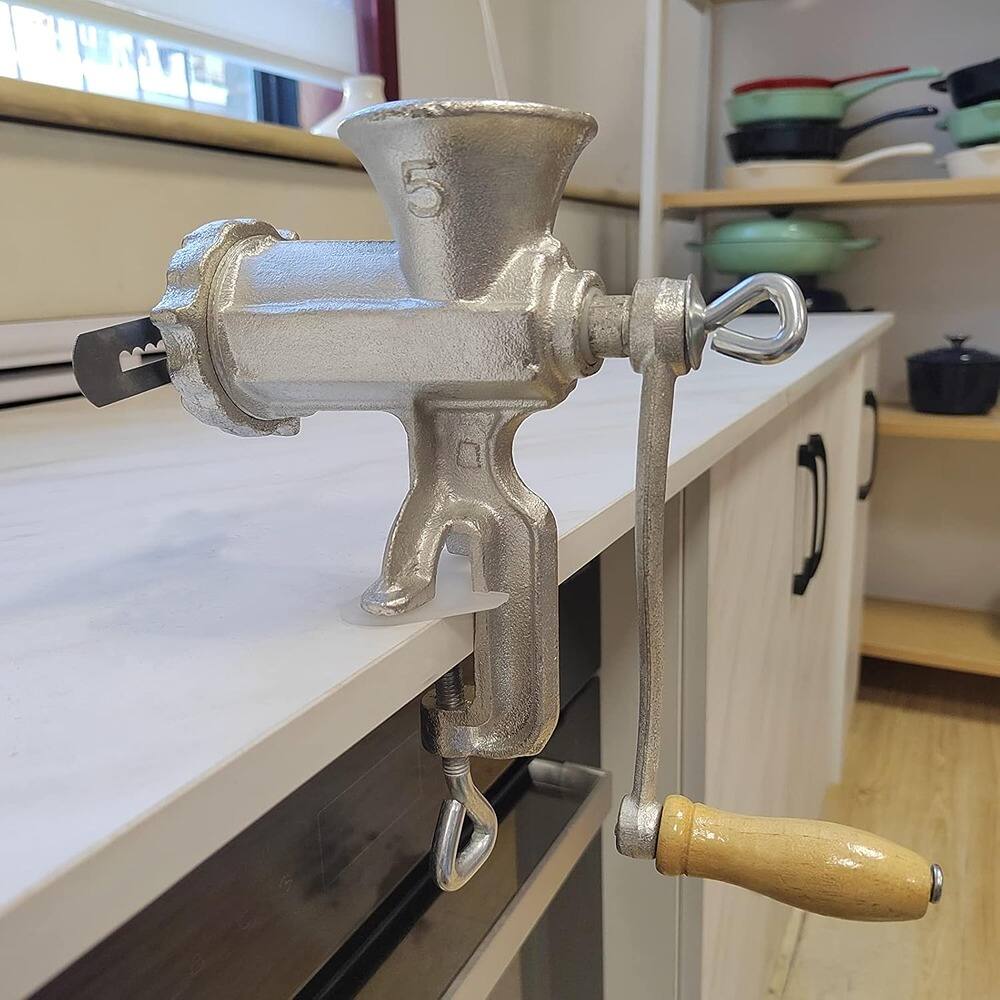 Back. MOSZAR LLC - Cast Iron Meat Grinder – Tabletop Clamp with Hardened Steel Cutter - silver.