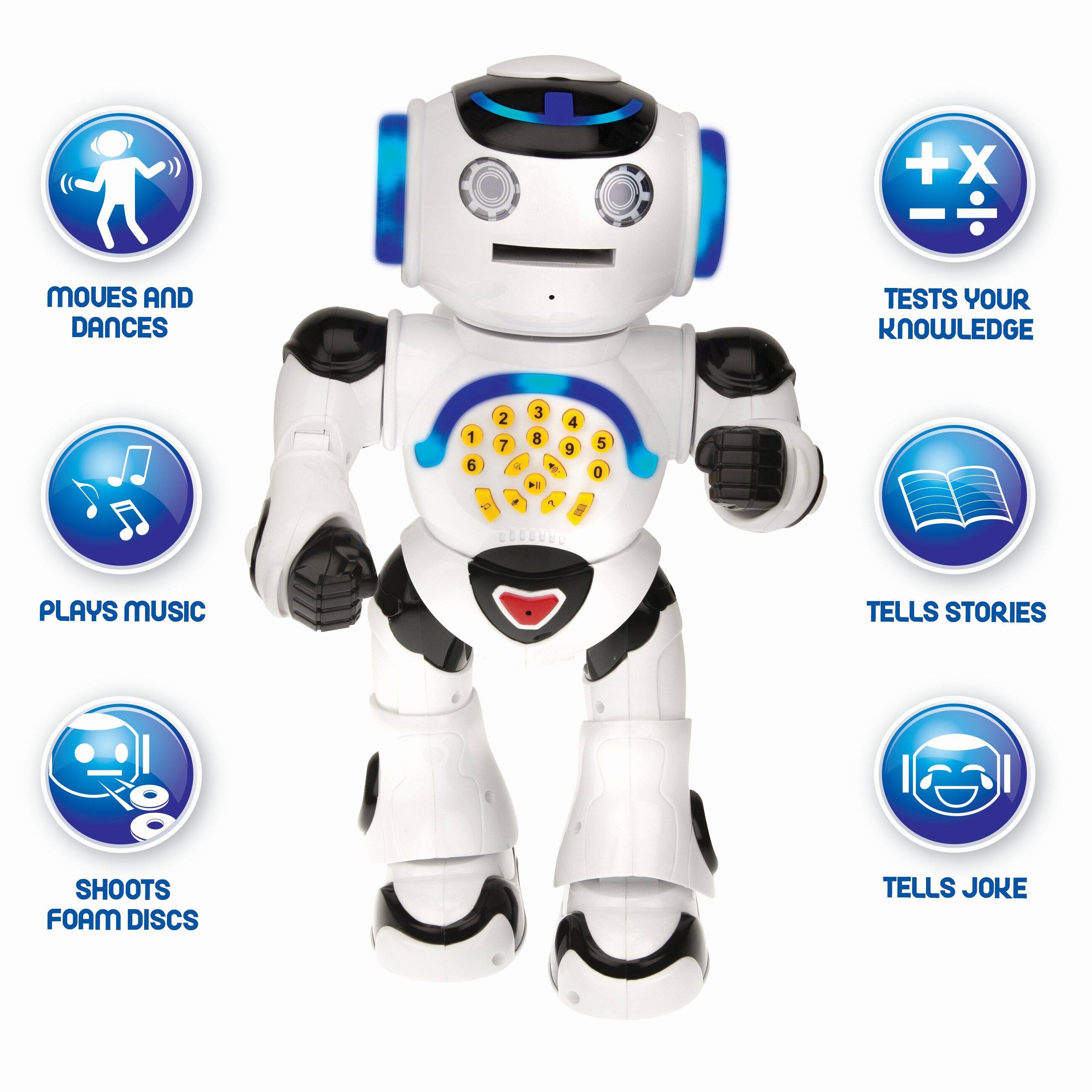 - MOVES AND DANCES
- TESTS YOUR KNOWLEDGE
- PLAYS MUSIC
- TELLS STORIES
- SHOOTS FOAM DISCS
- TELLS JOKE