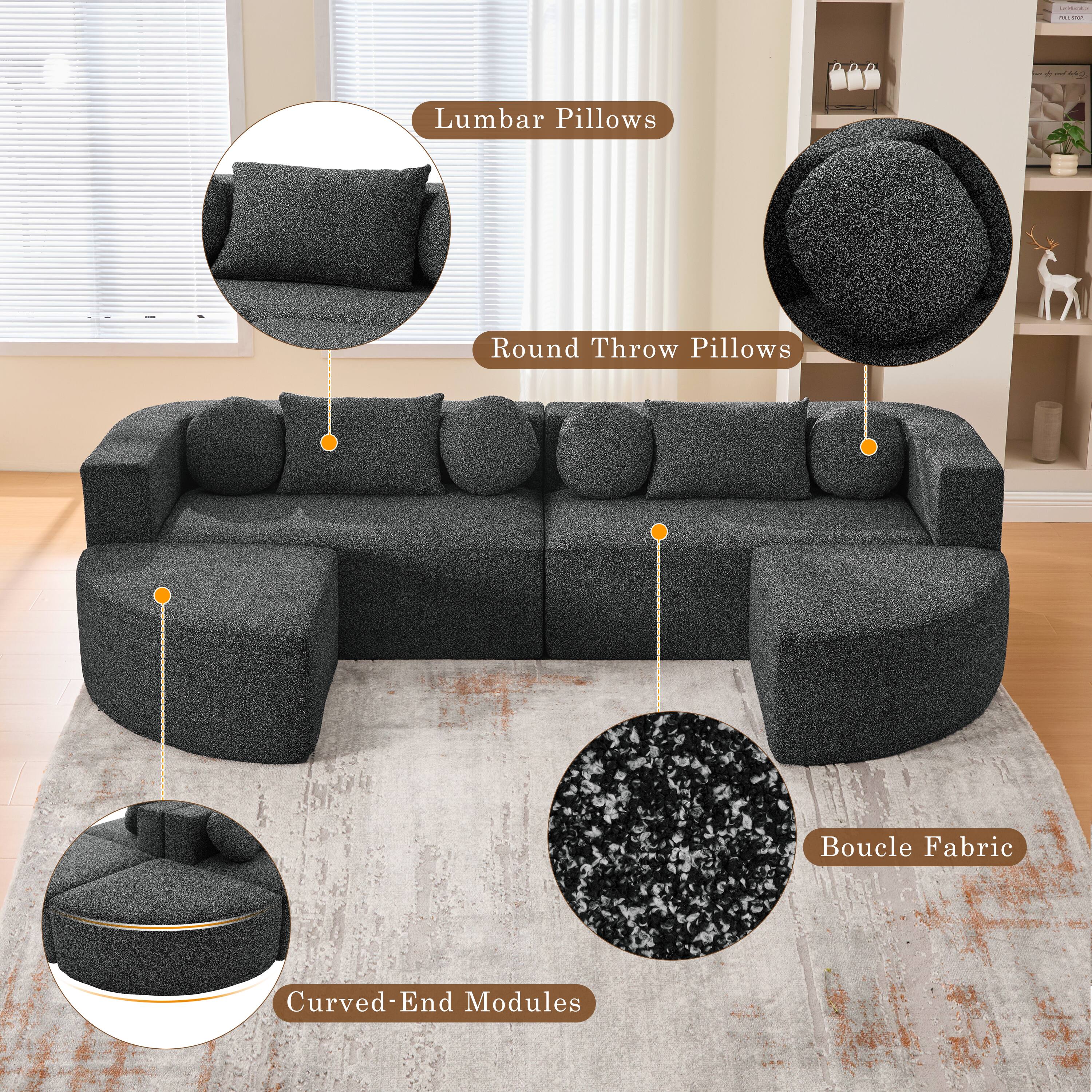 - 4 Lumbar Pillows
- Round Throw Pillows
- Boucle Fabric
- Curved-End Modules