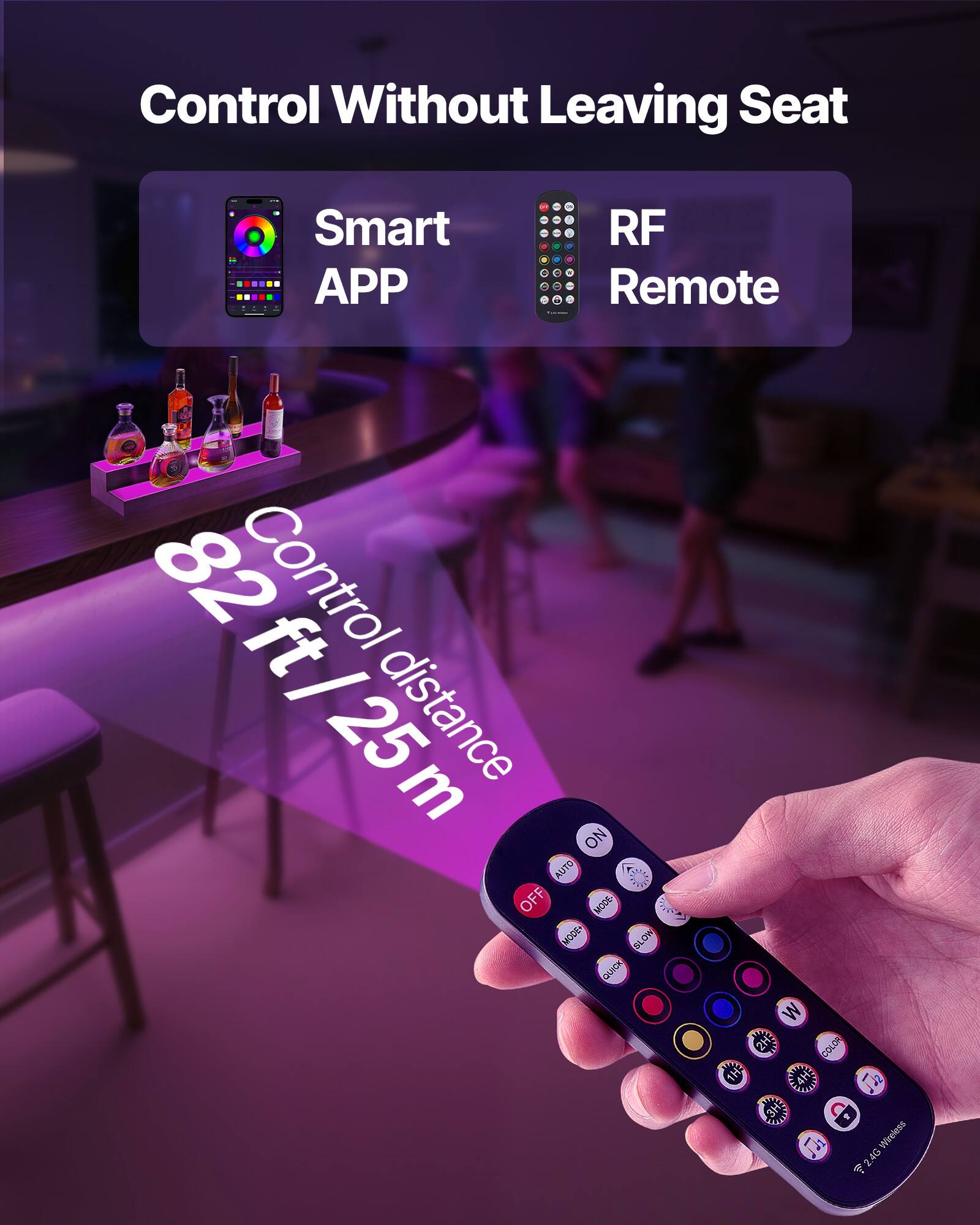 Control Without Leaving Seat

Smart APP - RF Remote

Control distance 82 ft / 25 m

NO AUTO OFF MODE

BLOW QUICK W

COLOR

24G Wireless