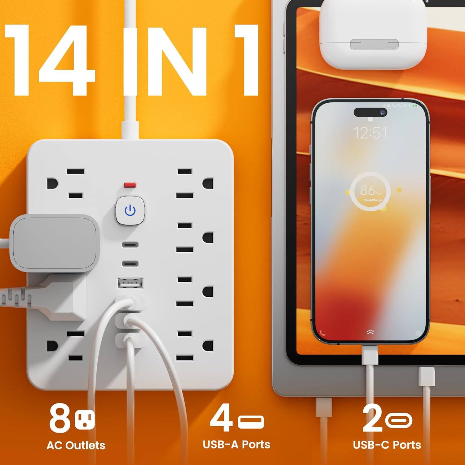 14 IN 1  
12:51  
86%  
PanCheg  
8 AC Outlets  
4 USB-A Ports  
2 USB-C Ports