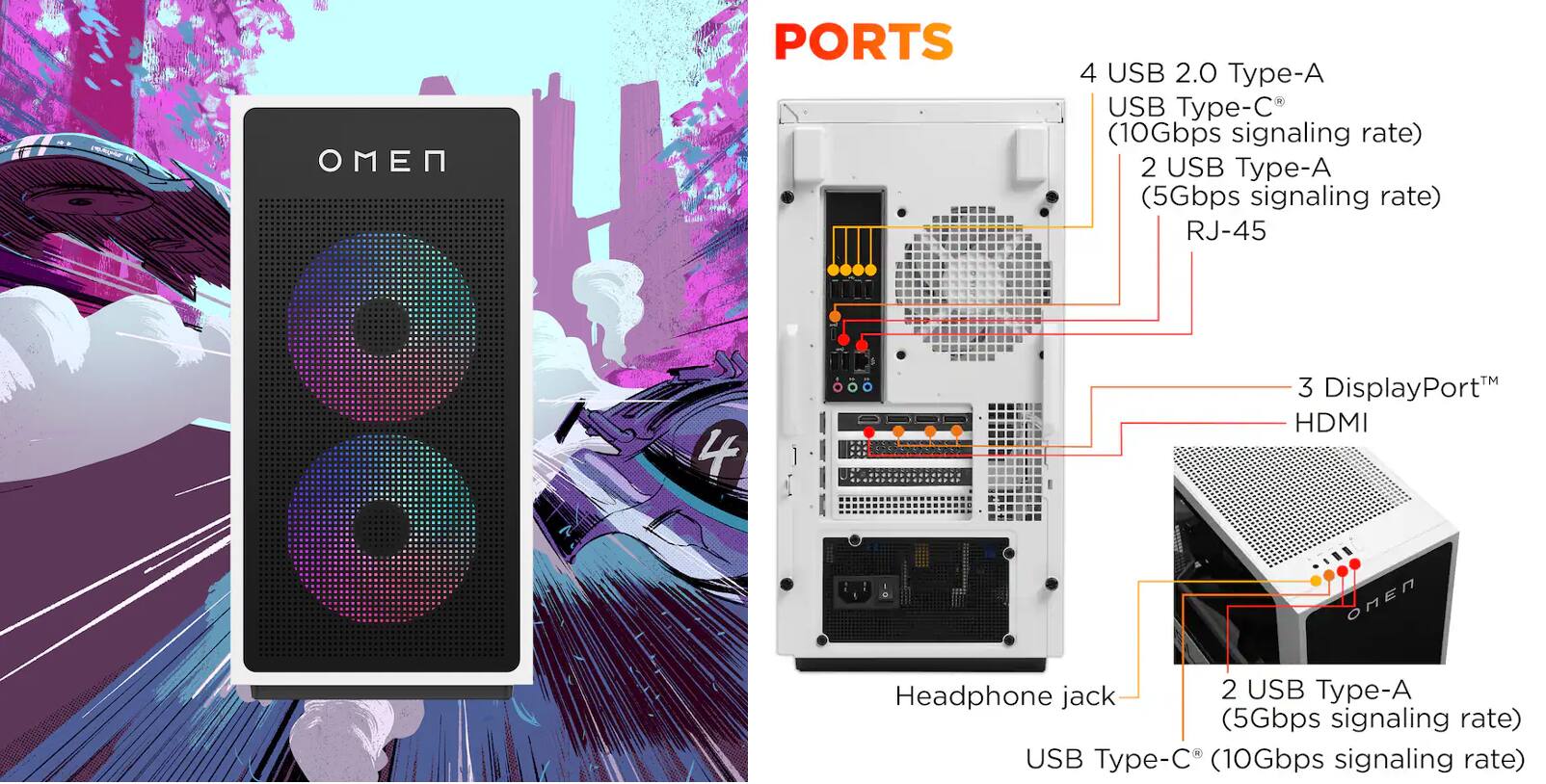 PORTS  
4 USB 2.0 Type-A  
USB Type-C (10Gbps signaling rate)  
2 USB Type-A (5Gbps signaling rate)  
RJ-45  
3 DisplayPort™  
HDMI  
Headphone jack  
2 USB Type-A (5Gbps signaling rate)  
USB Type-C (10Gbps signaling rate)