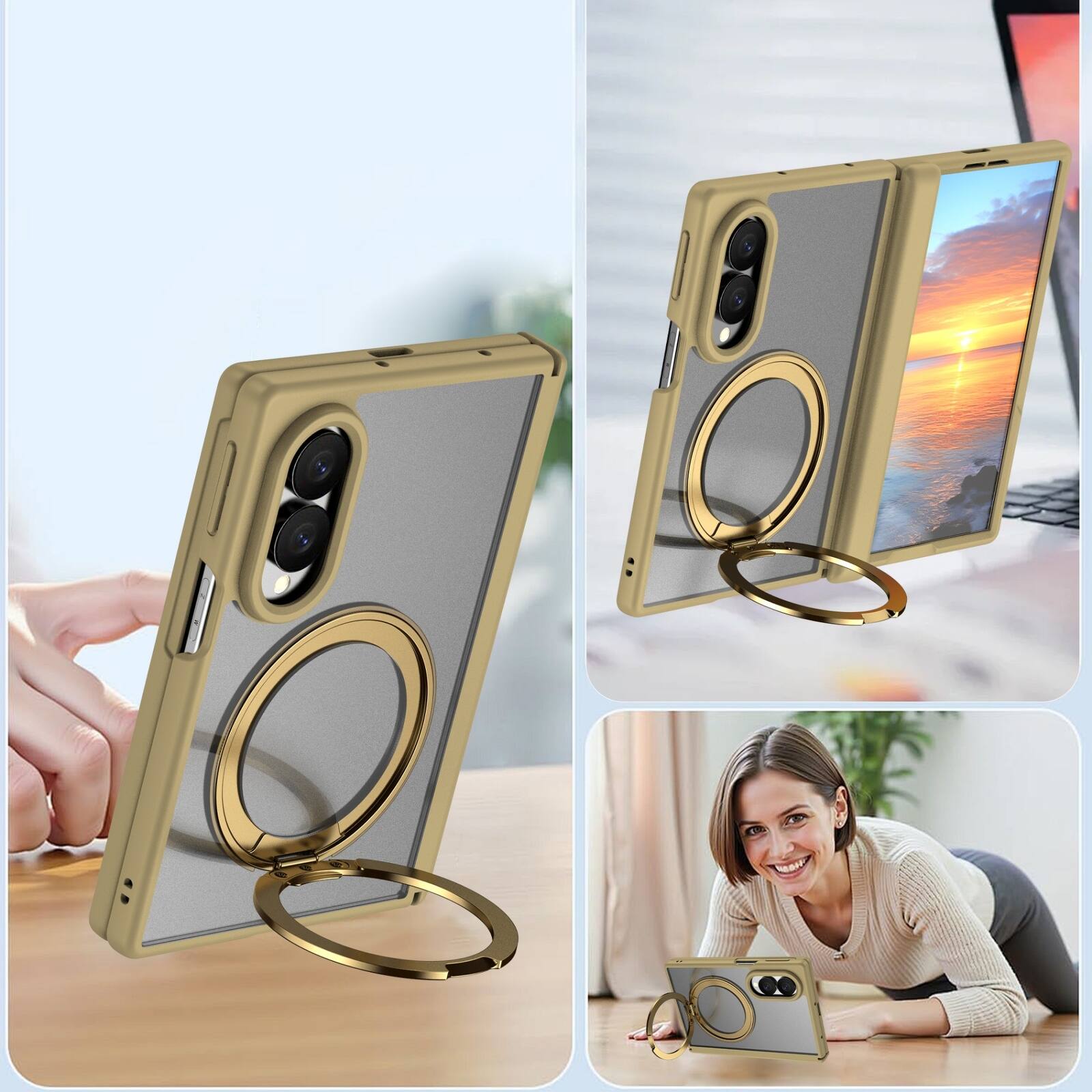 Alt View 1. Dteck - Shockproof Phone Case for Samsung Galaxy Z Fold8 with 360 Ring Kickstand, Magnetic Matte Cover with Spine Hinge Defense - Gold.