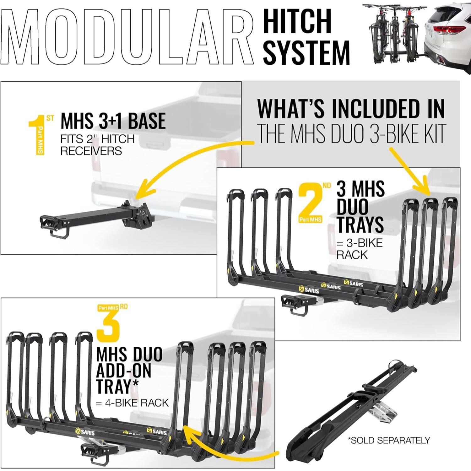 **MODULAR HITCH SYSTEM**

**WHAT'S INCLUDED IN THE MHS DUO 3-BIKE KIT**

1. **MHS 3+1 BASE**  
   - Part MHS  
   - FITS 2" HITCH RECEIVERS

2. **3 MHS DUO TRAYS**  
   - Part MHS  
   - = 3-BIKE RACK

3. **MHS DUO ADD-ON TRAY**  
   - Part MHS RD  
   - = 4-BIKE RACK  
   - *SOLD SEPARATELY*