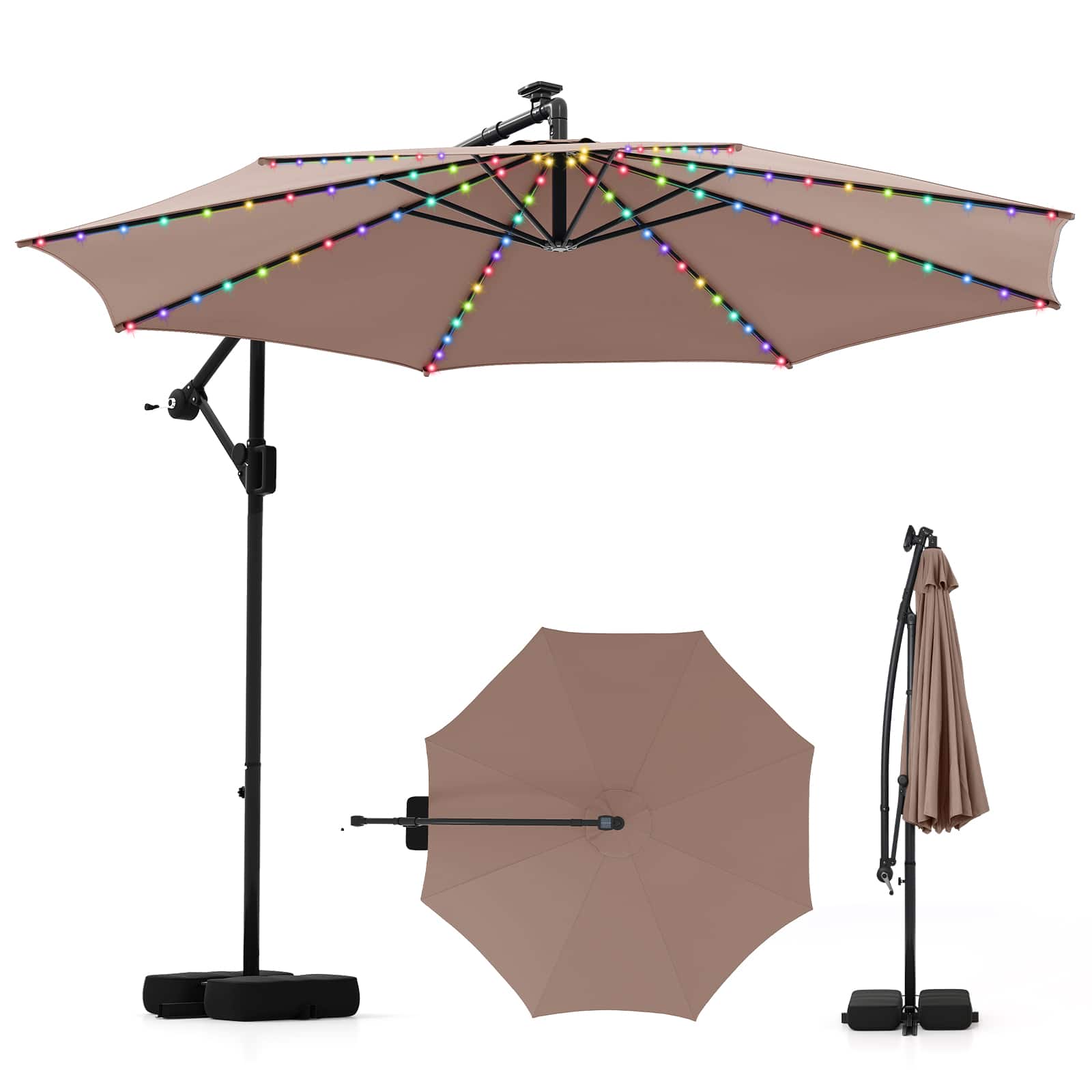 Front. Costway - Costway 10 FT Solar Offset Hanging Umbrella with 96 Solar Multi-colored Flowing LED Lights - Brown.