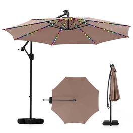 Costway - 10 FT Solar Offset Hanging Umbrella with 96 Solar Multi-colored Flowing LED Lights - Brown