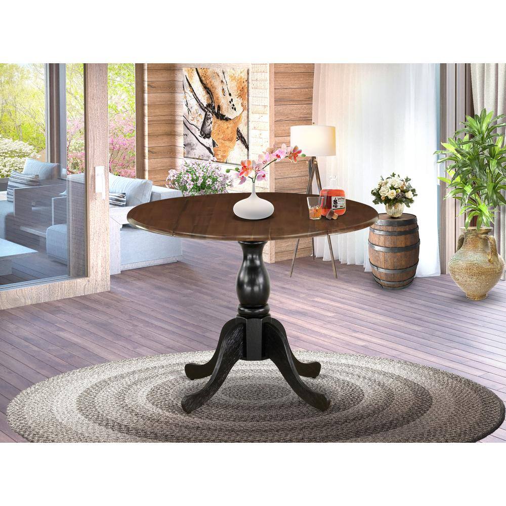 Angle. East West Furniture - East West Furniture Wood Kitchen Table with Drop Leaves - Walnut Table Top and Black Pedestal Leg Finish - Multi-Color.