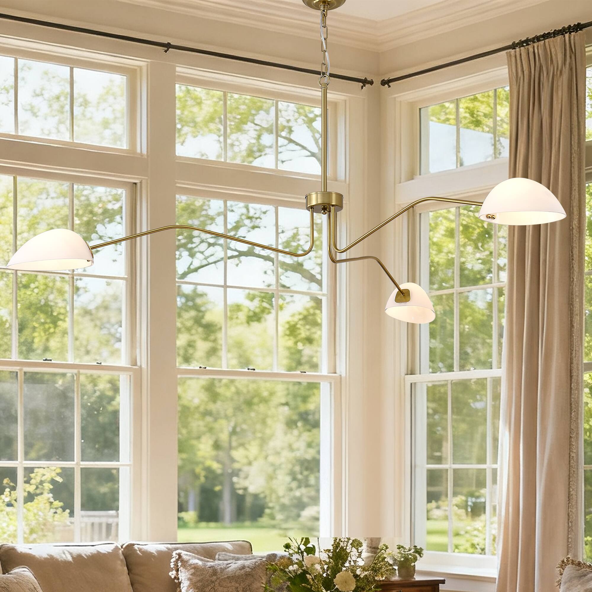 Front. RYHNUYNE - 3-Light Brass Chandelier Adjustable Mid-Century Pendant Light with Milky Glass Shades for Dining Rooms - Brass.