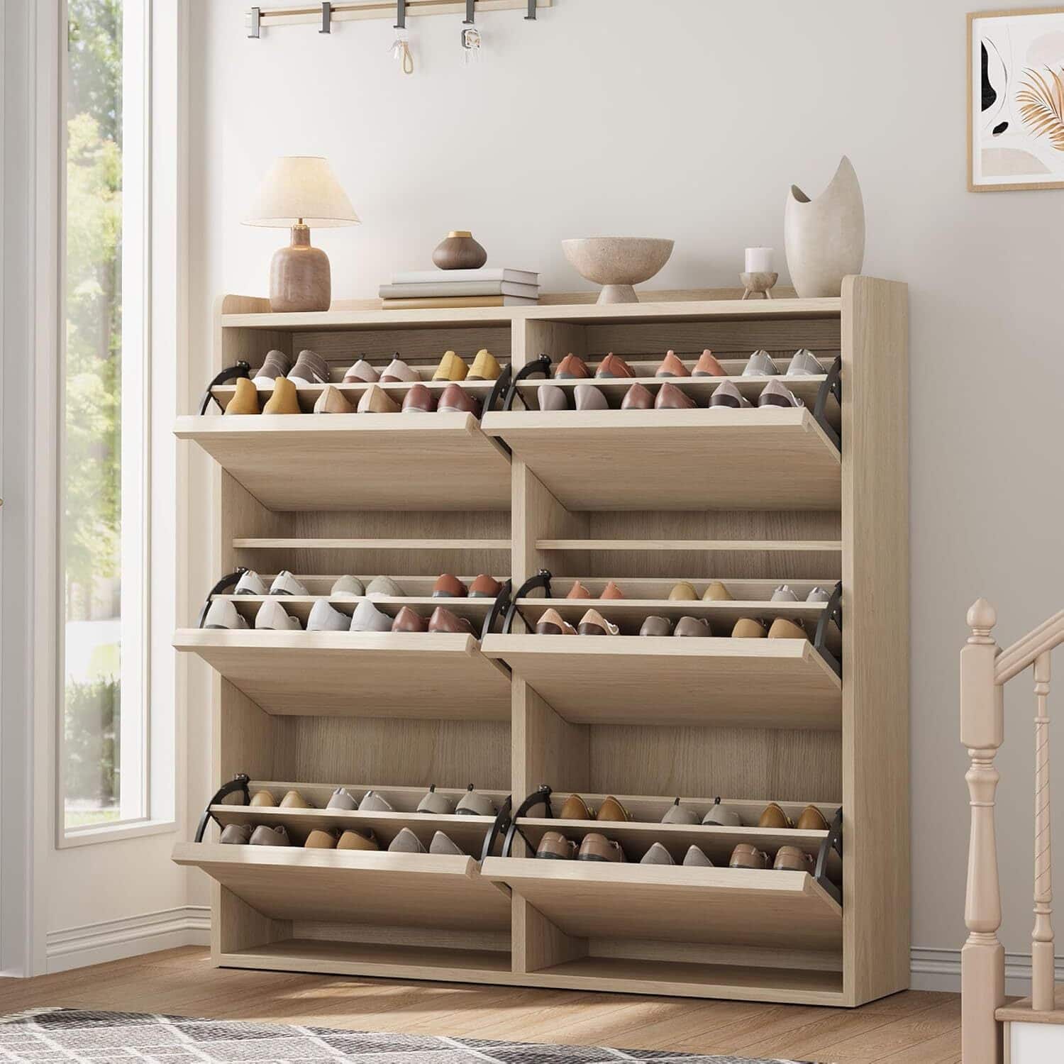 GARVEE - Shoe Cabinet with 6 Flip Drawers, Wooden Shoe Organizer Cabinet with Adjustable Shelf, Shoe Storage - Natural Oak