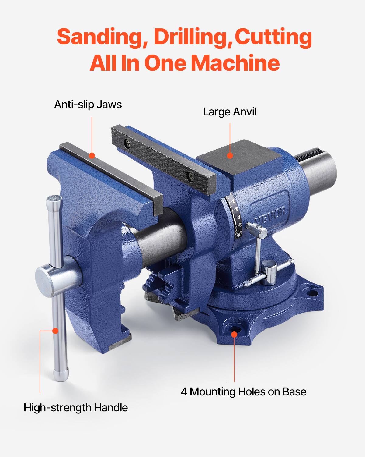 Sanding, Drilling, Cutting All In One Machine

- Anti-slip Jaws
- Large Anvil
- High-strength Handle
- 4 Mounting Holes on Base