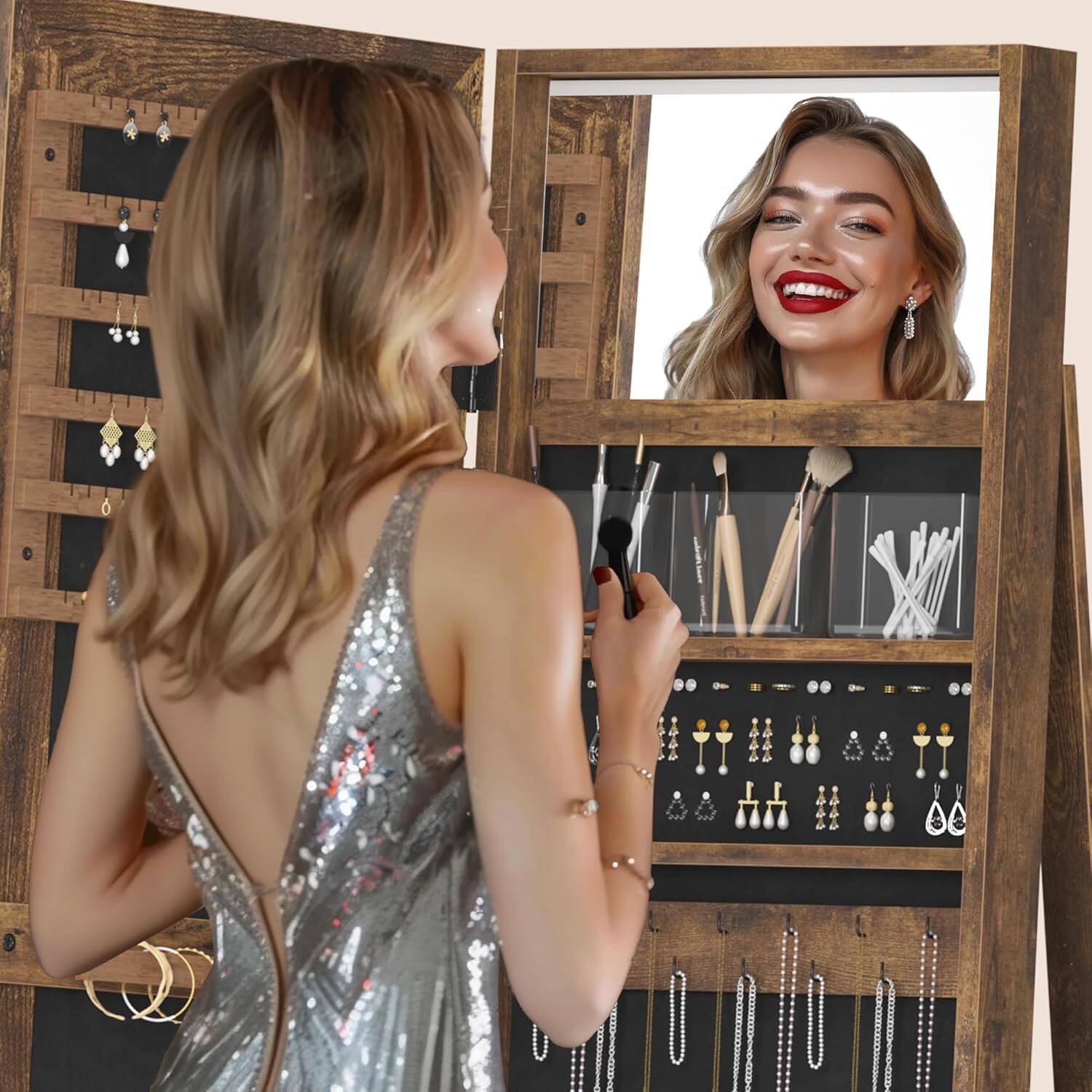 Left. JUJABU - Rustic Brown 360° Swivel Jewelry Cabinet Organizers with Full Length Mirror Best Gift for Girls - Rustic Brown.