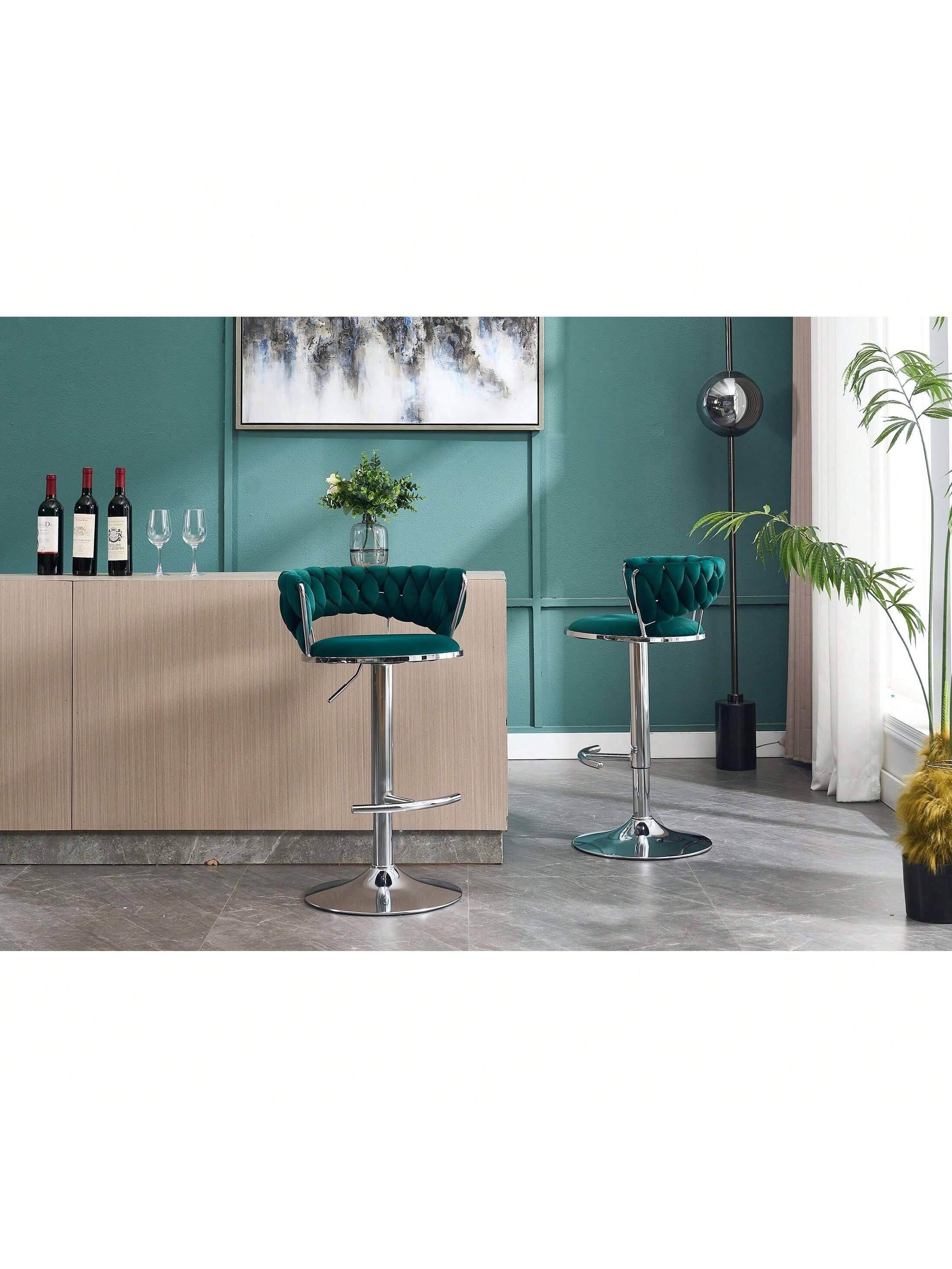 Angle. Trinkets Crazed - Velvet Bar Stools Set Of 2, Modern Swivel Barstools With Woven Backrest, Adjustable Counter Stools - Green.