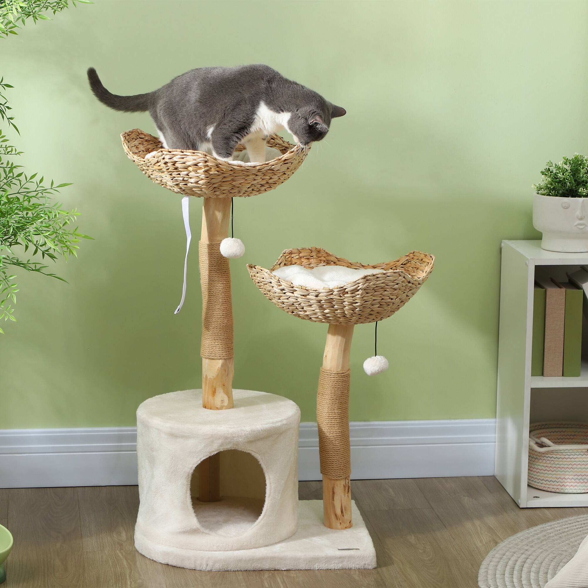 Angle. Pawhut - 37" Cat Tree Tower for Indoor Cats, Modern Style with Wooden Scratching Posts, Condo, Beds, Toy Balls, Washable Cushions - Cream White.