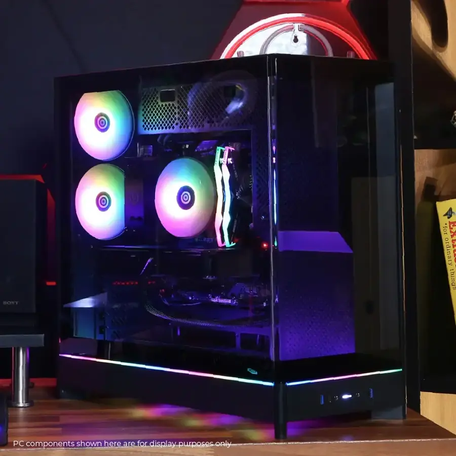 The text on the image reads, "PC components shown here are for display purposes only."