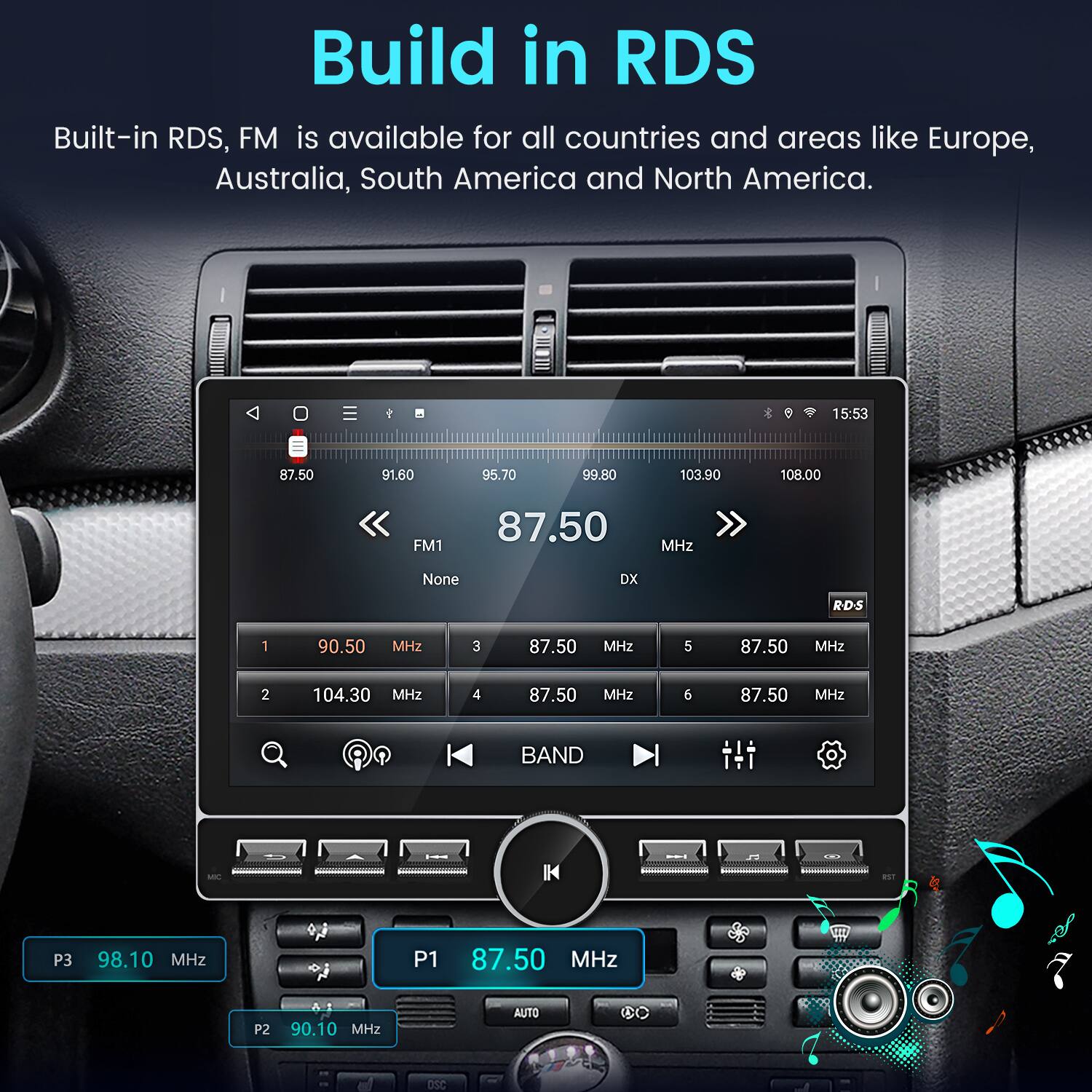 Build in RDS

Built-in RDS, FM is available for all countries and areas like Europe, Australia, South America and North America.
