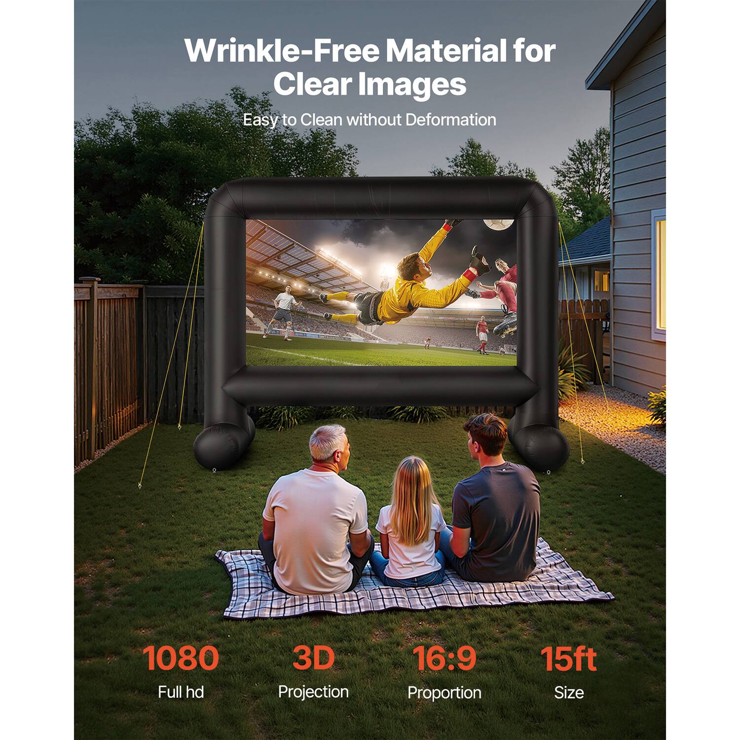 Wrinkle-Free Material for Clear Images, Easy to Clean without Deformation, 1080 Full hd, 3D Projection, 16:9 Proportion, 15ft Size