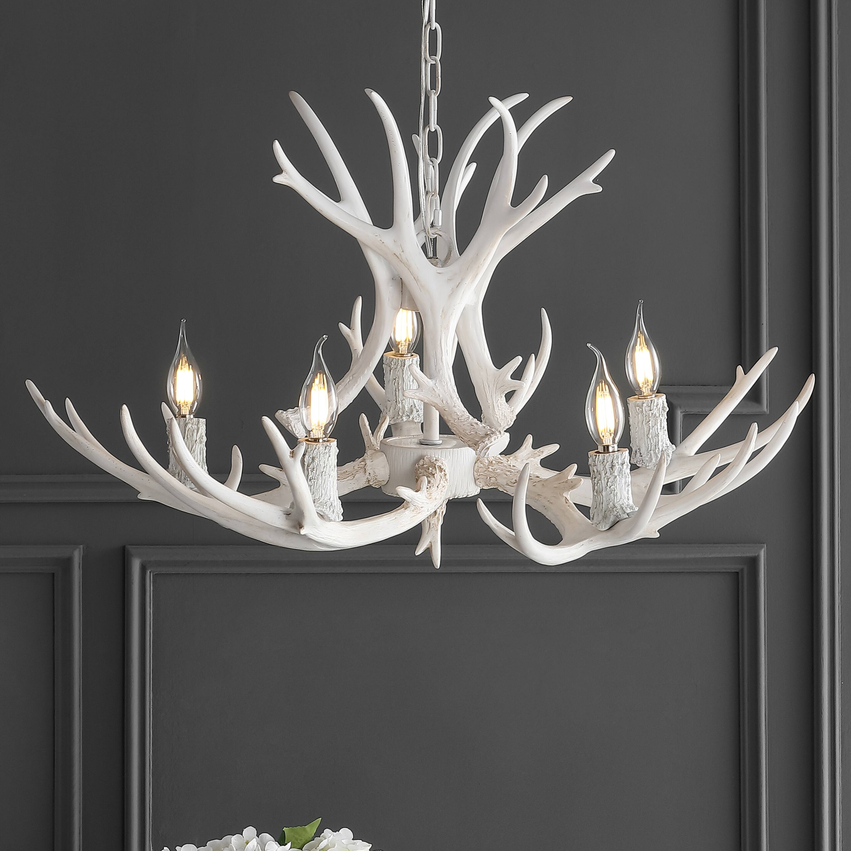 Alt View 1. Jonathan Y - Eldora 30" 5-Light Rustic Farmhouse Adjustable Resin Antler LED Chandelier, White - Antique White.