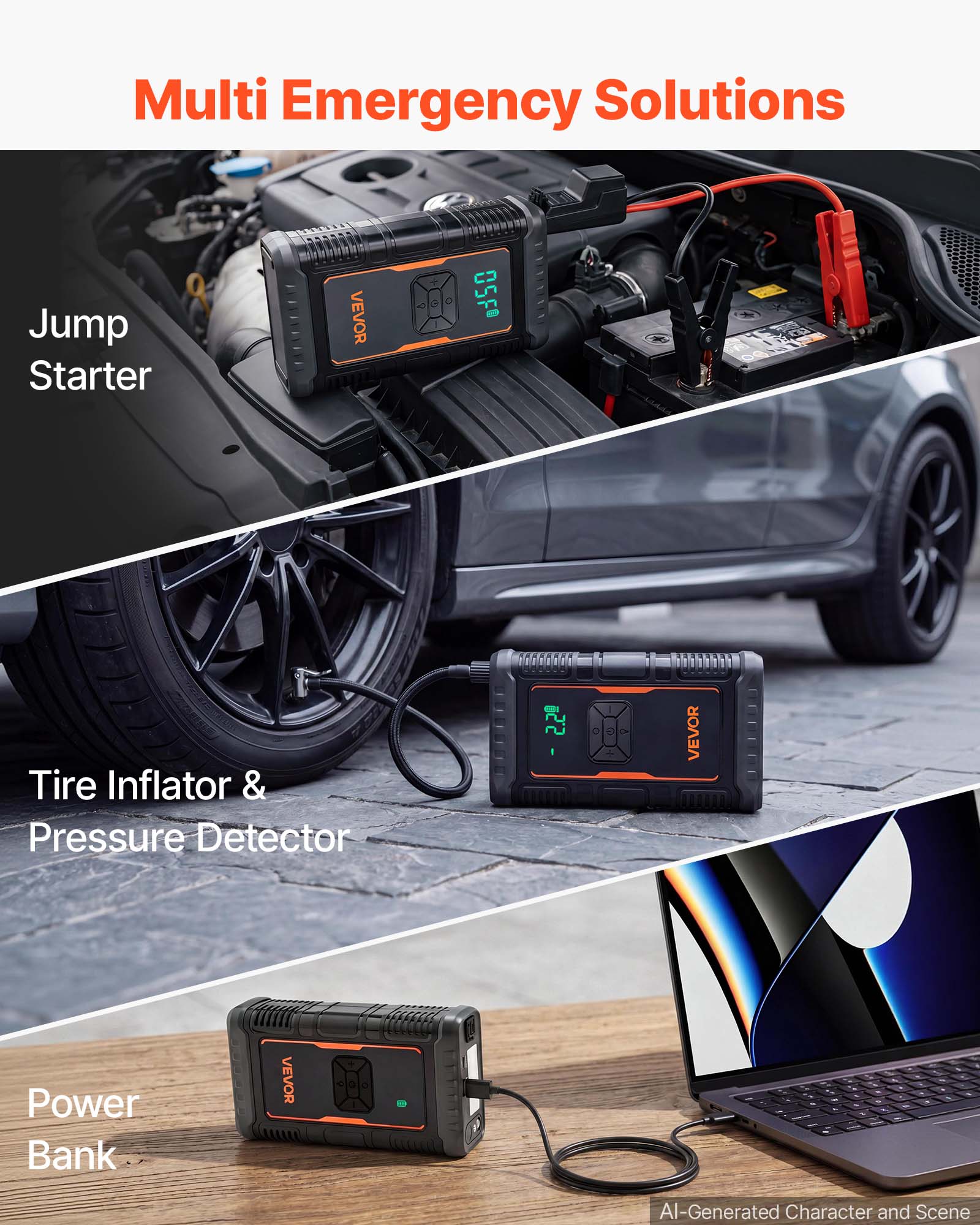 Multi Emergency Solutions

Jump Starter
VEVOR

Tire Inflator & Pressure Detector
VEVOR

Power Bank
VEVOR

AI-Generated Character and Scene