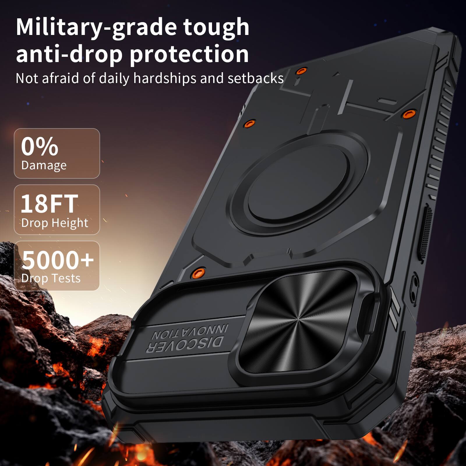 Military-grade tough anti-drop protection  
Not afraid of daily hardships and setbacks  

0% Damage  
18FT Drop Height  
5000+ Drop Tests  

INNOVATION DISCOVER