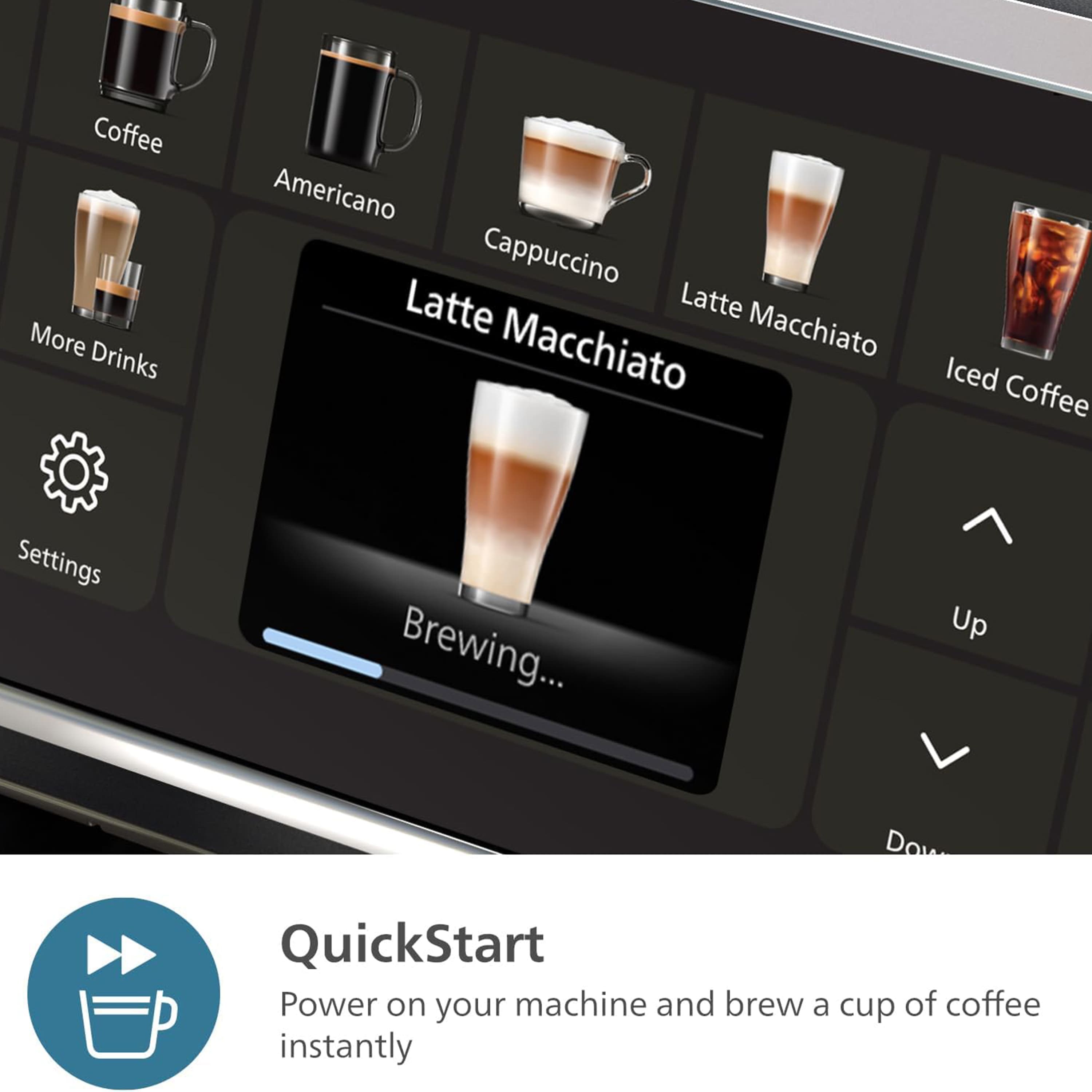 Coffee, More Drinks, Americano, Cappuccino, Latte Macchiato, Macchiato, Iced Coffee, Settings, Brewing..., QuickStart, Power on your machine and brew a cup of coffee instantly