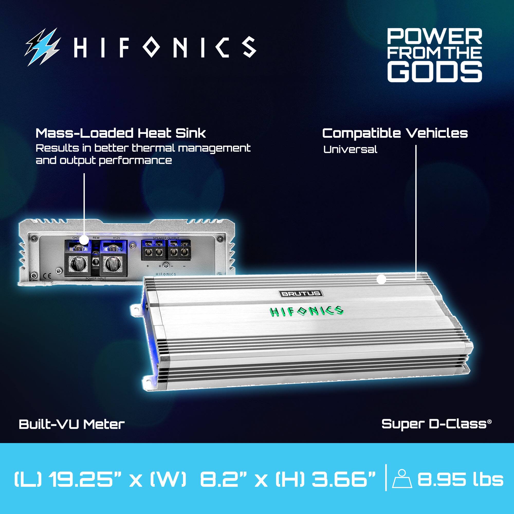 HIFONICS  
POWER FROM THE GODS  

Mass-Loaded Heat Sink  
Results in better thermal management and output performance  

Compatible Vehicles  
Universal  

Built-VU Meter  

Super D-Class®  

(L) 19.25" x (W) 8.2" x (H) 3.66"  
8.95 lbs