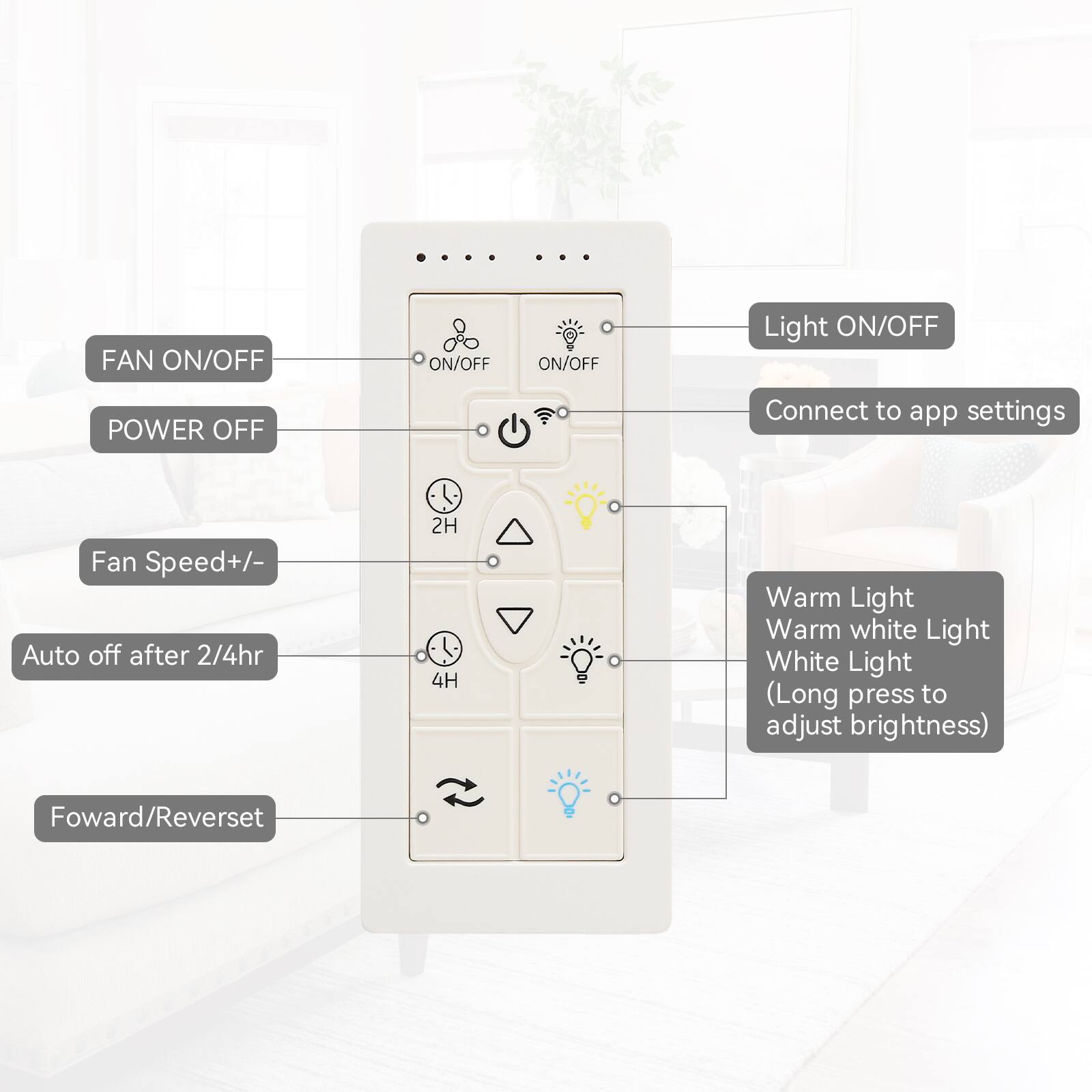 - FAN ON/OFF
- POWER OFF
- Light ON/OFF
- Connect to app settings
- Fan Speed +/- 
- Auto off after 2/4hr (2H, 4H)
- Forward/Reverse
- Warm Light
- Warm white Light
- White Light (Long press to adjust brightness)