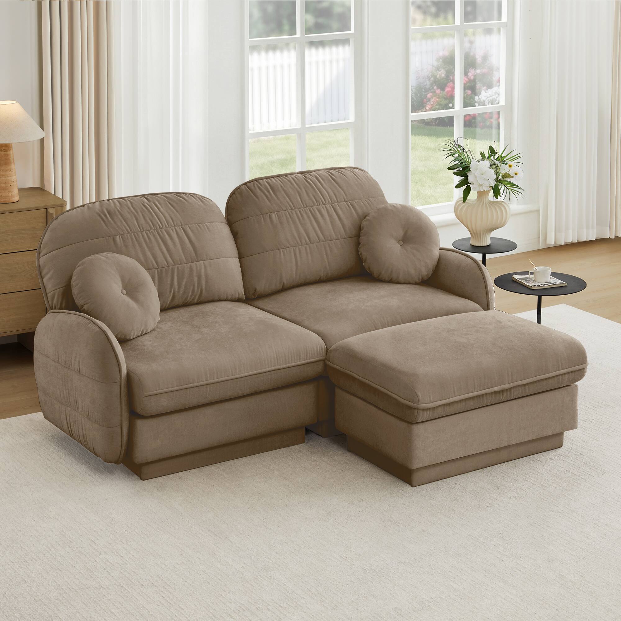 Back. LOVMOR - L Shaped Deep Seat Storage Ottoman Chenille Loveseat Couch Anti Slip For Living Room Apartment Lounge Plush TV - Light Coffee.