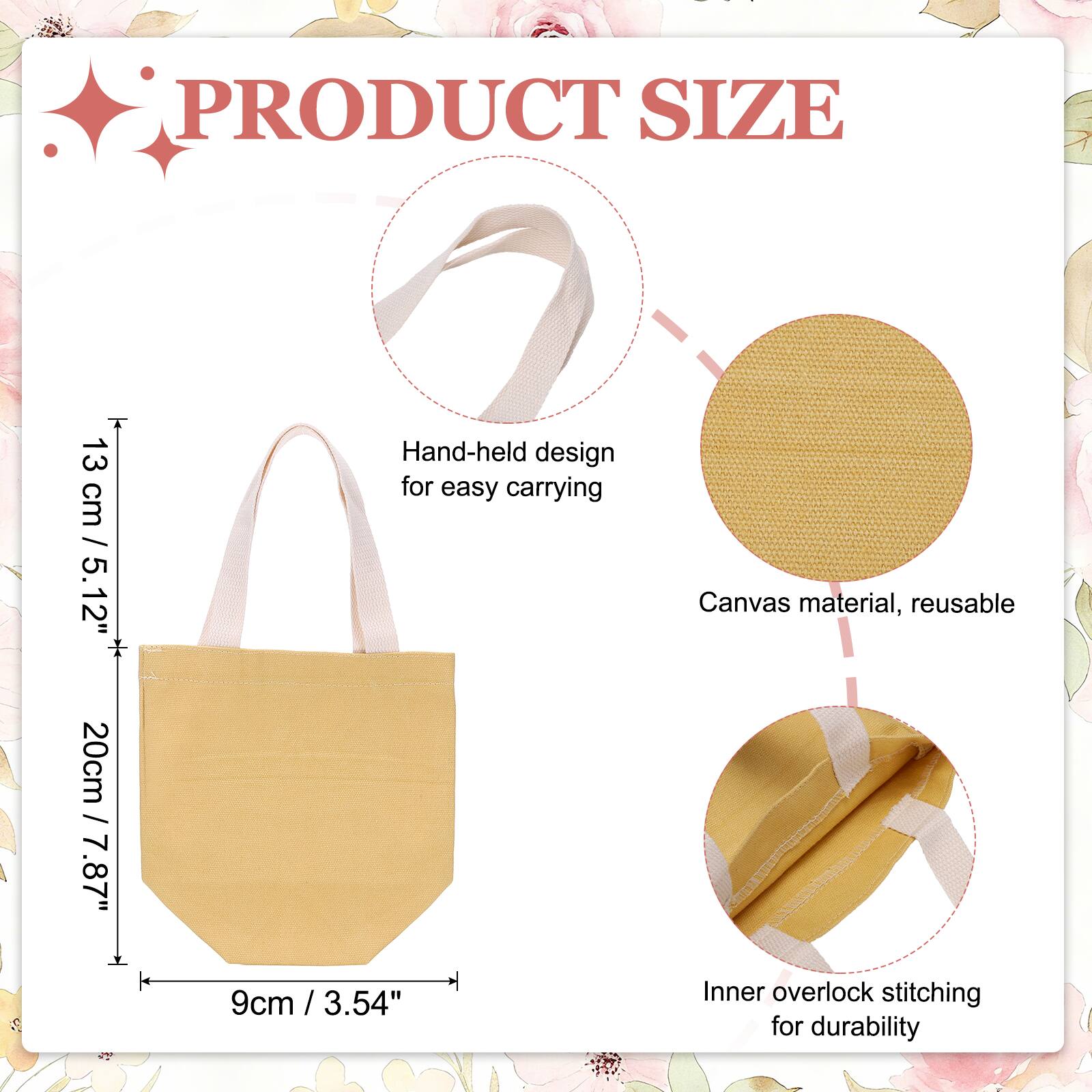 PRODUCT SIZE

13 cm / 5.12"  
Hand-held design for easy carrying

20cm / 7.87"  
Canvas material, reusable

9cm / 3.54"  
Inner overlock stitching for durability