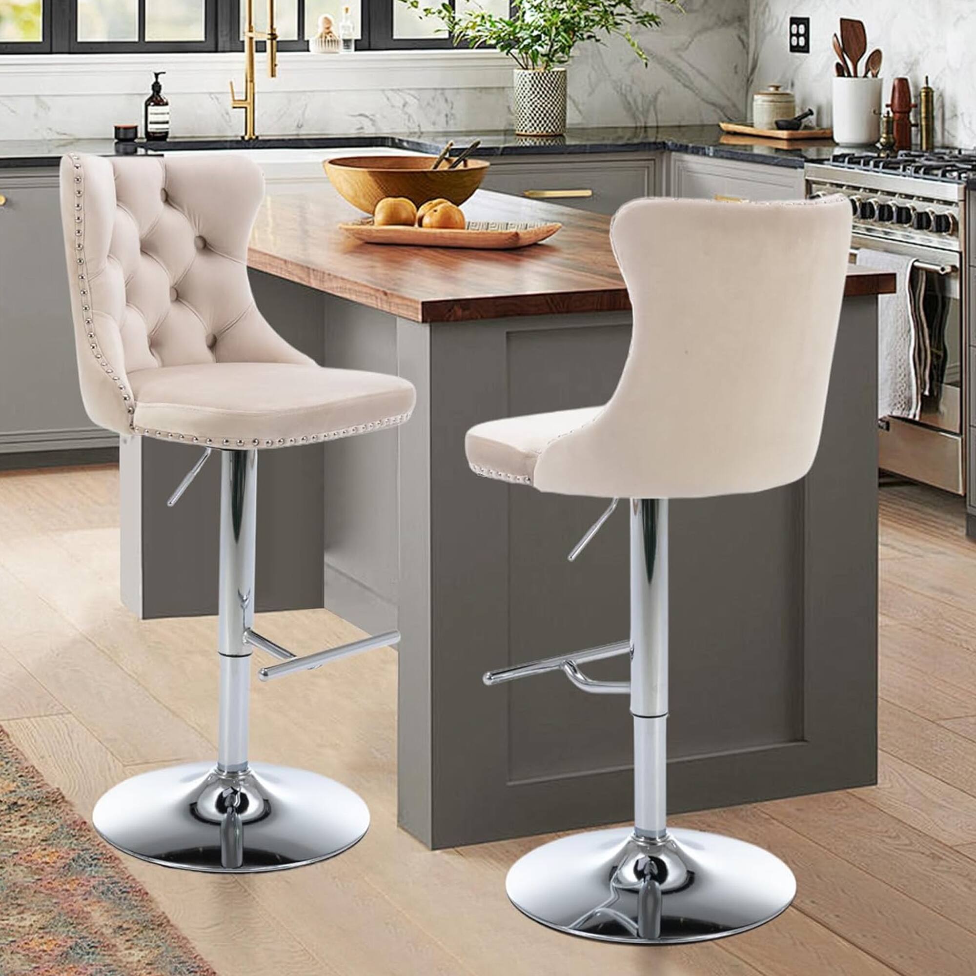 Alt View 1. HTUTWOO - Adjustable Bar Stools Set of 2, Velvet Swivel Counter Height Chairs with Footrest, Chrome Nailhead for Kitchen, Pub - Beige.