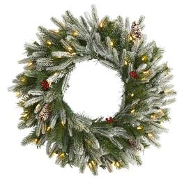 BreeBe - 24" Christmas Wreath w/50 Clear LEDs 100 Tips & Pine Cones - Green
