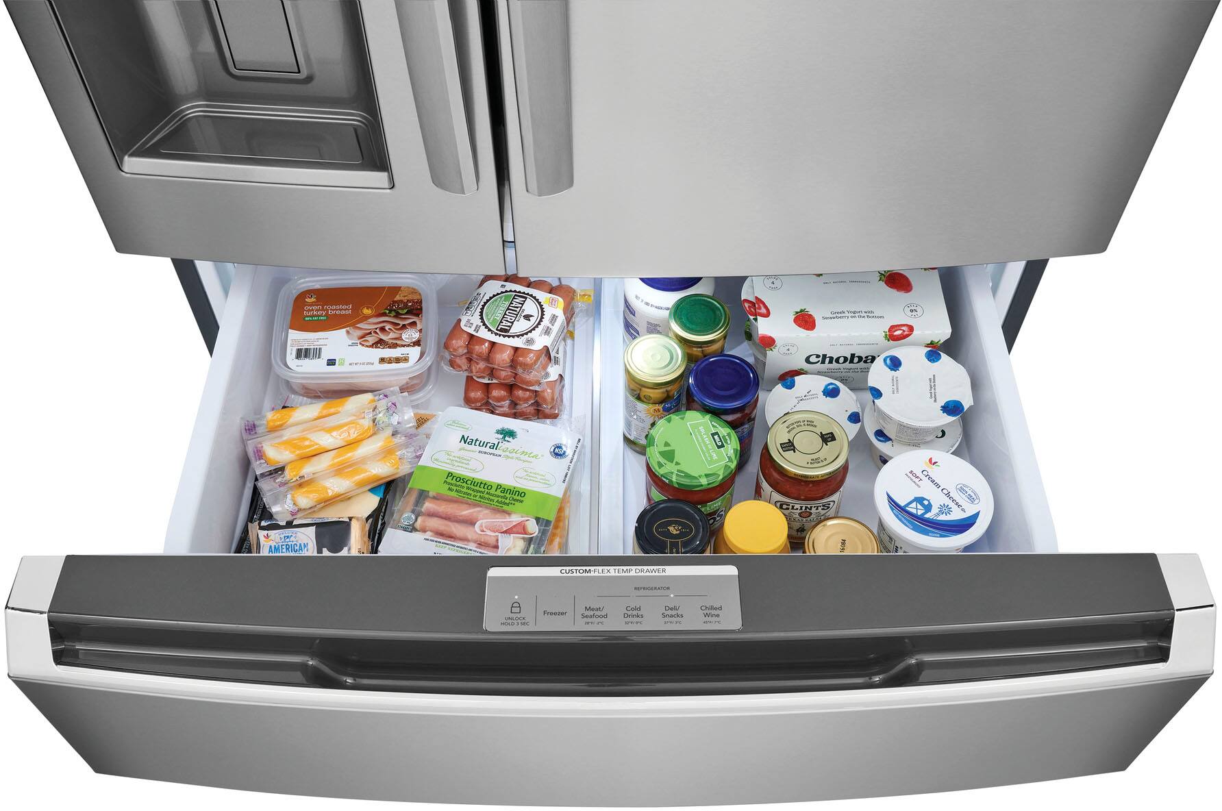 The text on the image is a list of food items stored in the refrigerator. The items include:
1. Seafood - shrimp, lobster, and crab
2. Cold cuts - prosciutto, salami, and ham
3. Panini - Italian sandwiches
4. Natural cheeses - various types of cheese
5. American cheeses - different varieties of cheese
6. Custom-made pizzas
7. Cold drinks - beverages to enjoy during warm weather
8. Chilled wine - wine to enjoy chilled
9. Snacks - various snack foods
10. Chilled wine - wine to enjoy chilled
The refrigerator is well-stocked with a variety of food items to cater to different tastes and preferences.