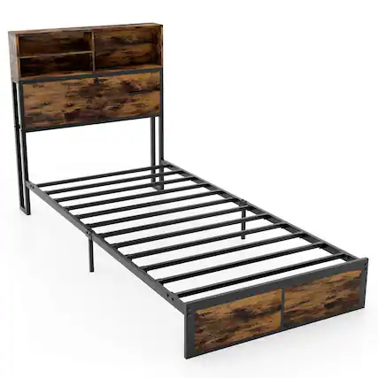 Front. Costway - Costway Twin Bed Frame with Charging Station Storage Headboard Under-bed Storage Space - Rustic Brown.