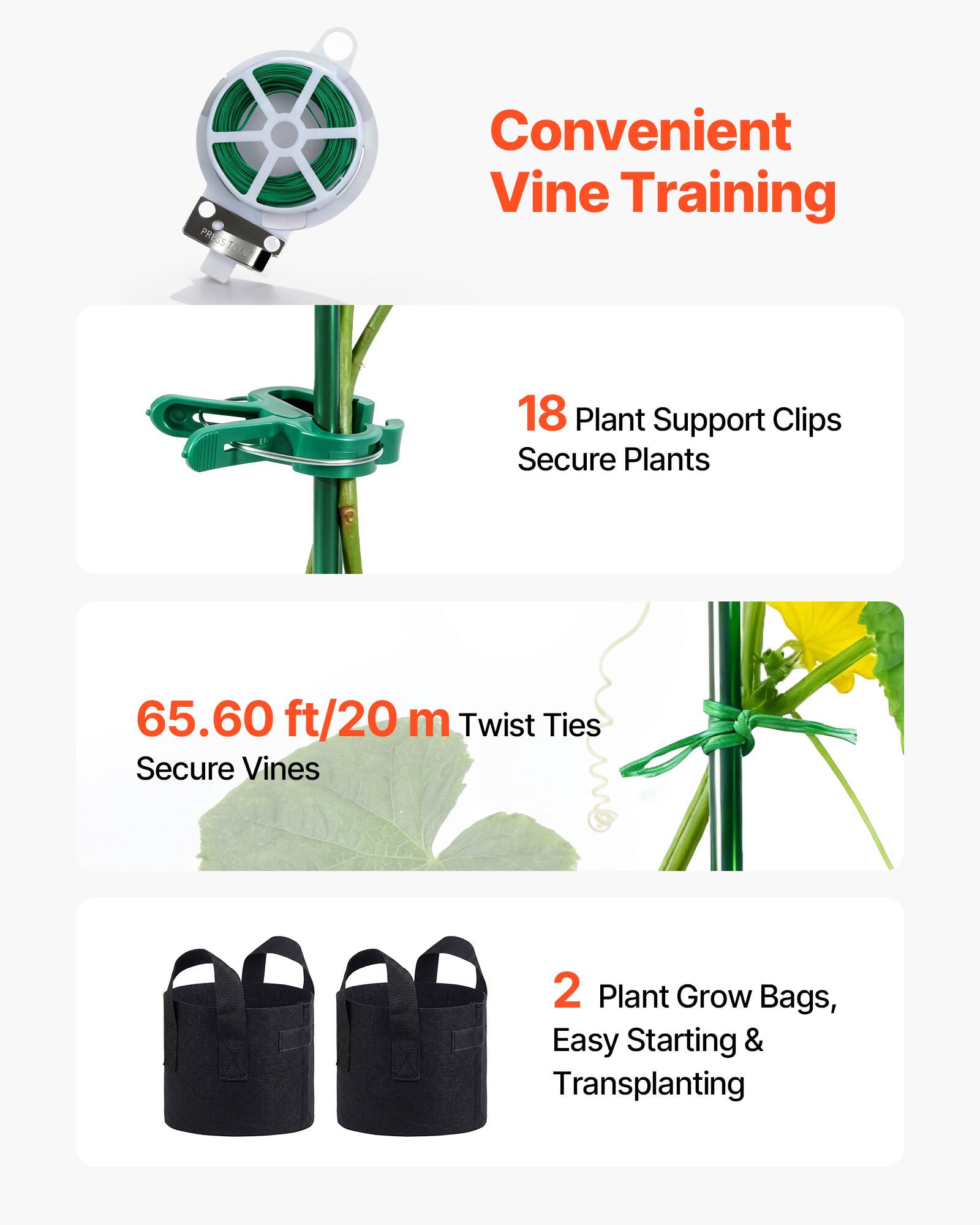 Convenient Vine Training

18 Plant Support Clips Secure Plants

65.60 ft/20 m Twist Ties Secure Vines

2 Plant Grow Bags, Easy Starting & Transplanting